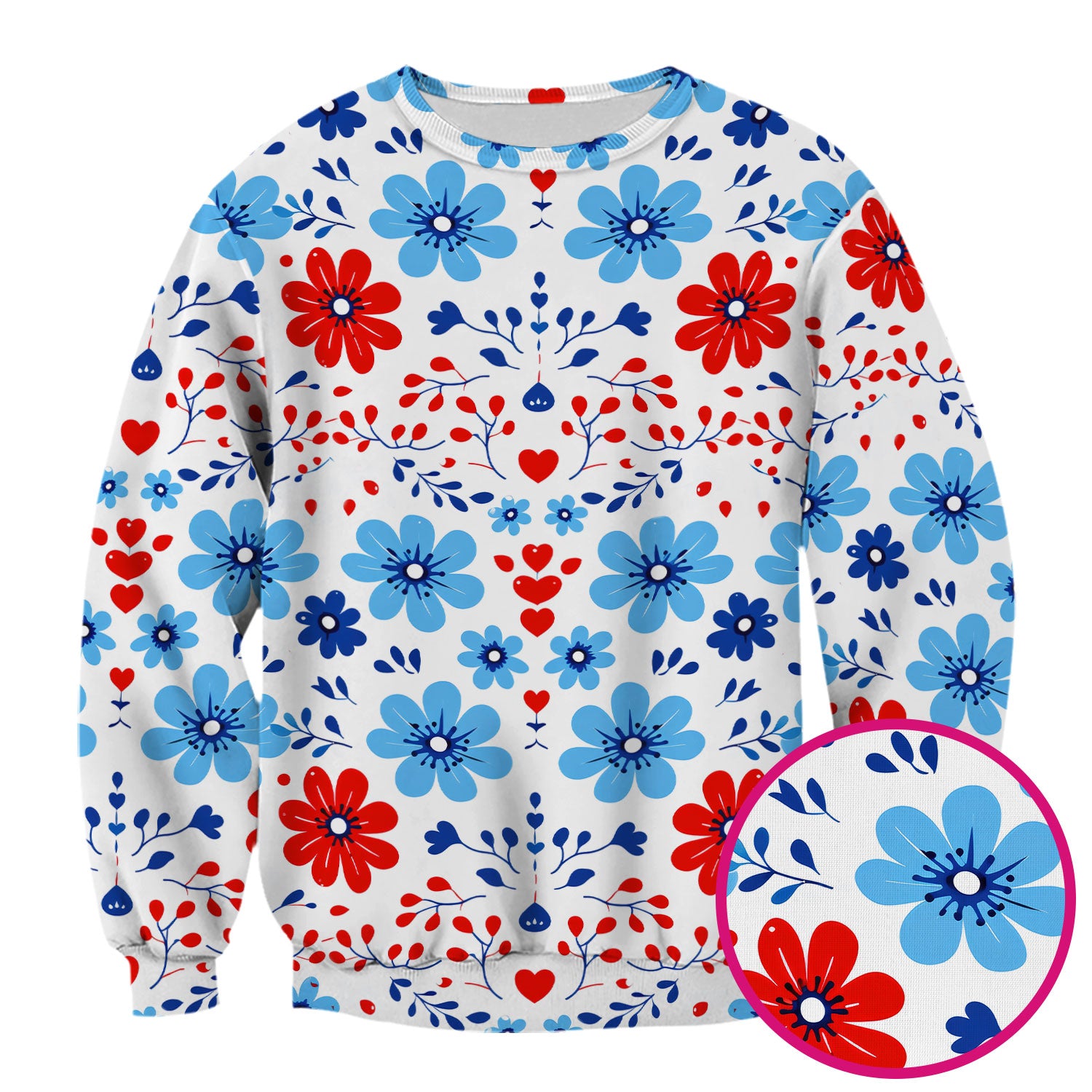 Symmetrical Folk Floral Heart Pattern Scrub Top, Breathable Fabrics Nursing Uniform