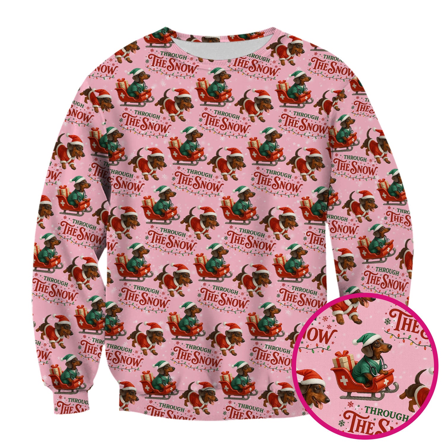 Dachshund Christmas Scrub Top, Cute Dog Nurse Scrub Shirt, Through The Snow Pattern Nursing Uniform