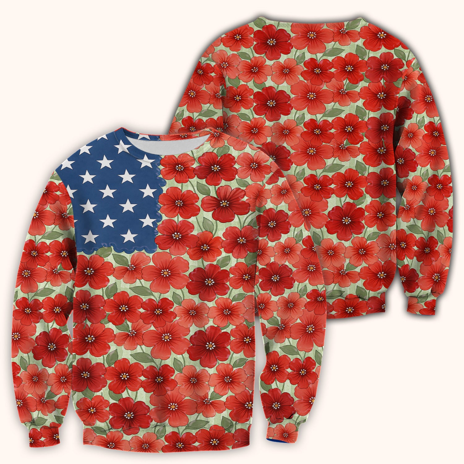 Patriotic USA Flag With Red Floral Blossom Pattern Scrub Top, Comfortable Scrubs for Nurses