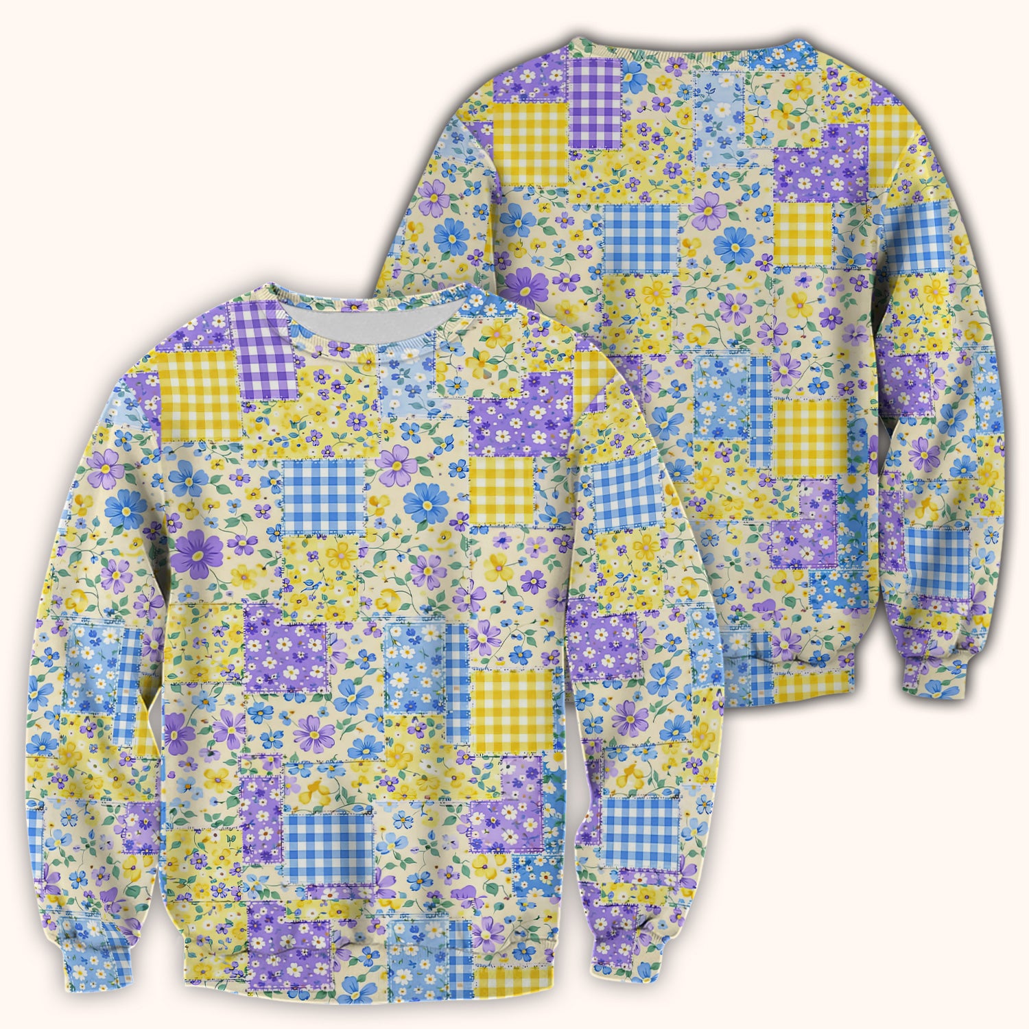 Cute Floral Patchwork Gingham Pattern Scrub Top, Breathable Fabrics Nursing Uniform