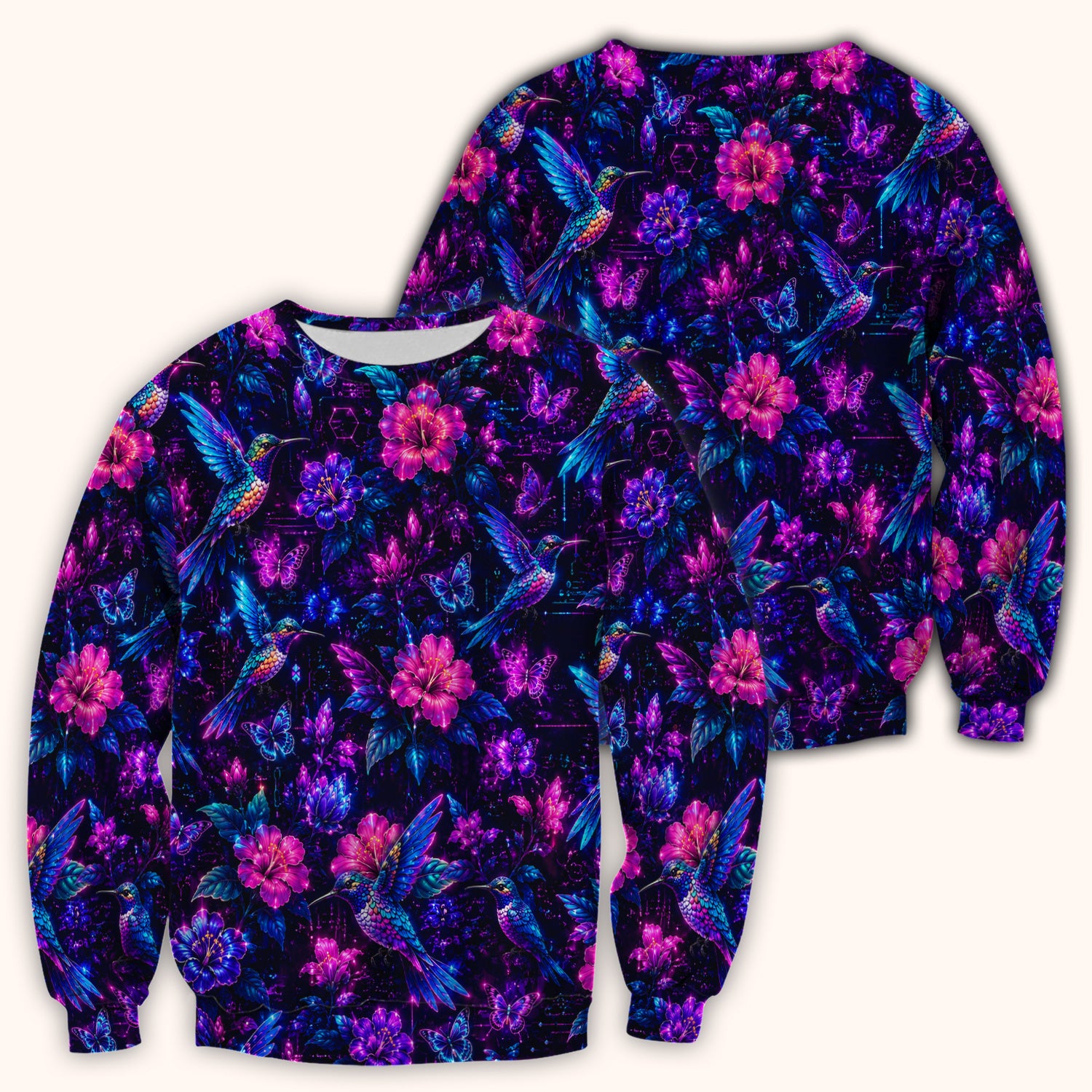 Neon Hummingbird Butterfly Bloom Pattern Scrub Top, Comfortable Scrubs for Nurses