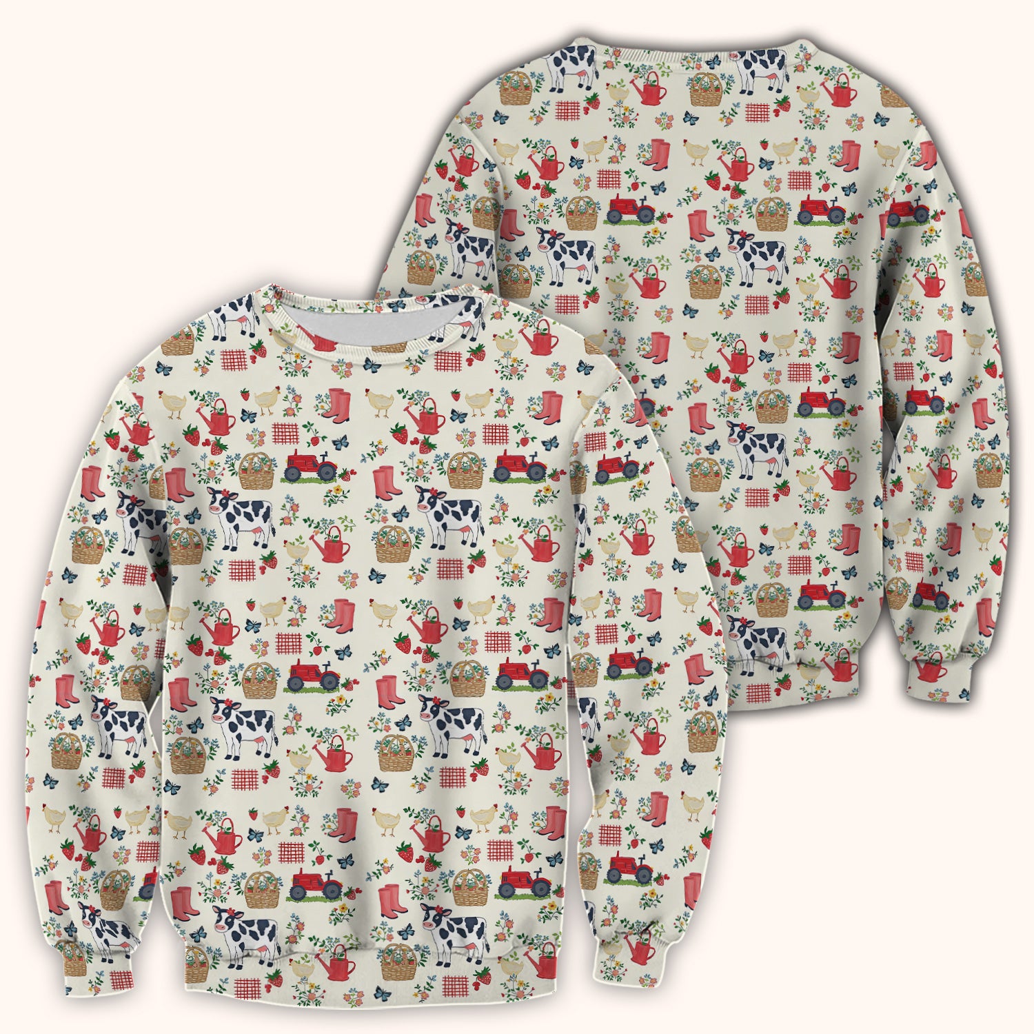 Cute Cow Chicken Farm Pattern Scrub Top, Breathable Fabrics Nursing Uniform