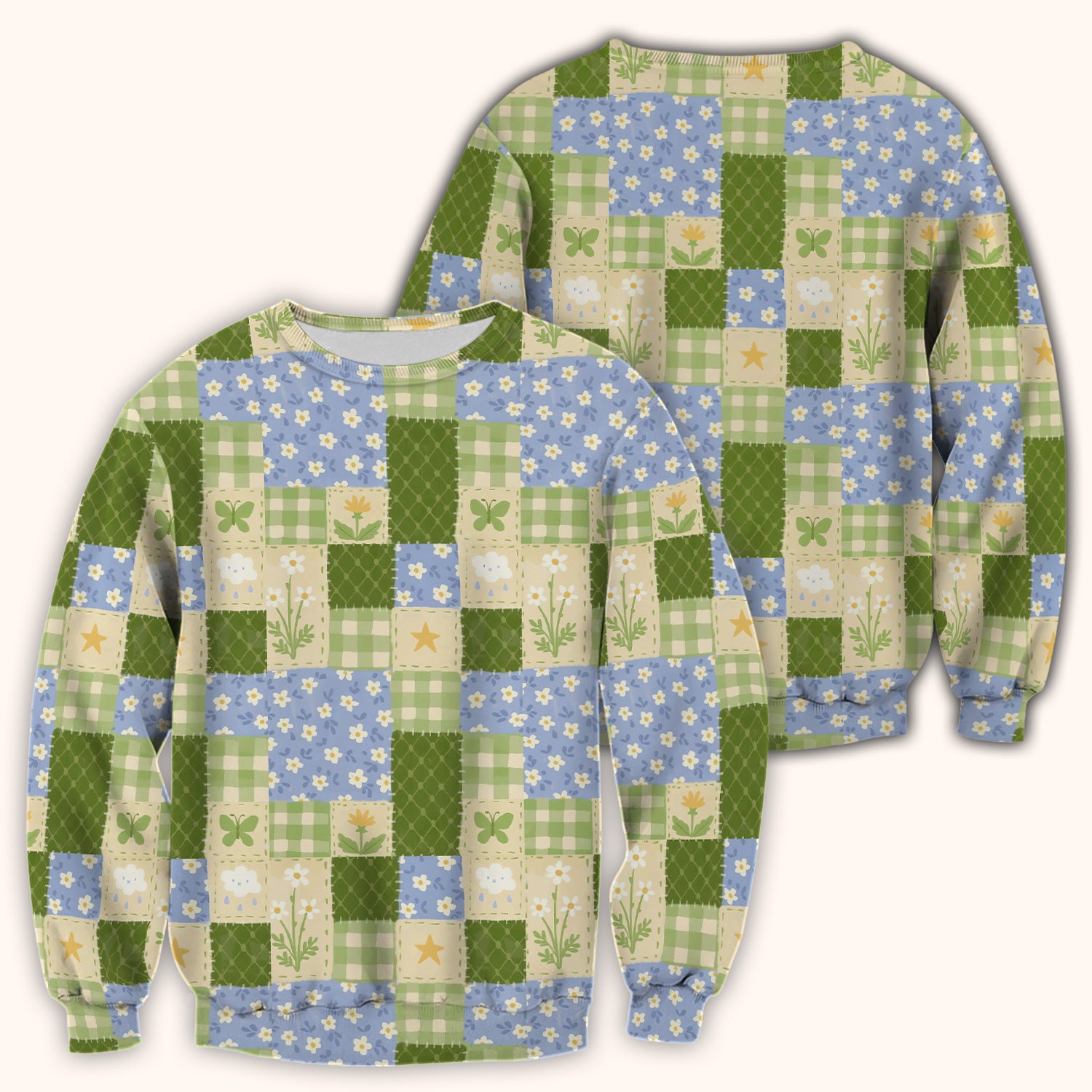 Green Patchwork Clover Floral Pattern Scrub Top, Comfortable Scrubs For Nurses