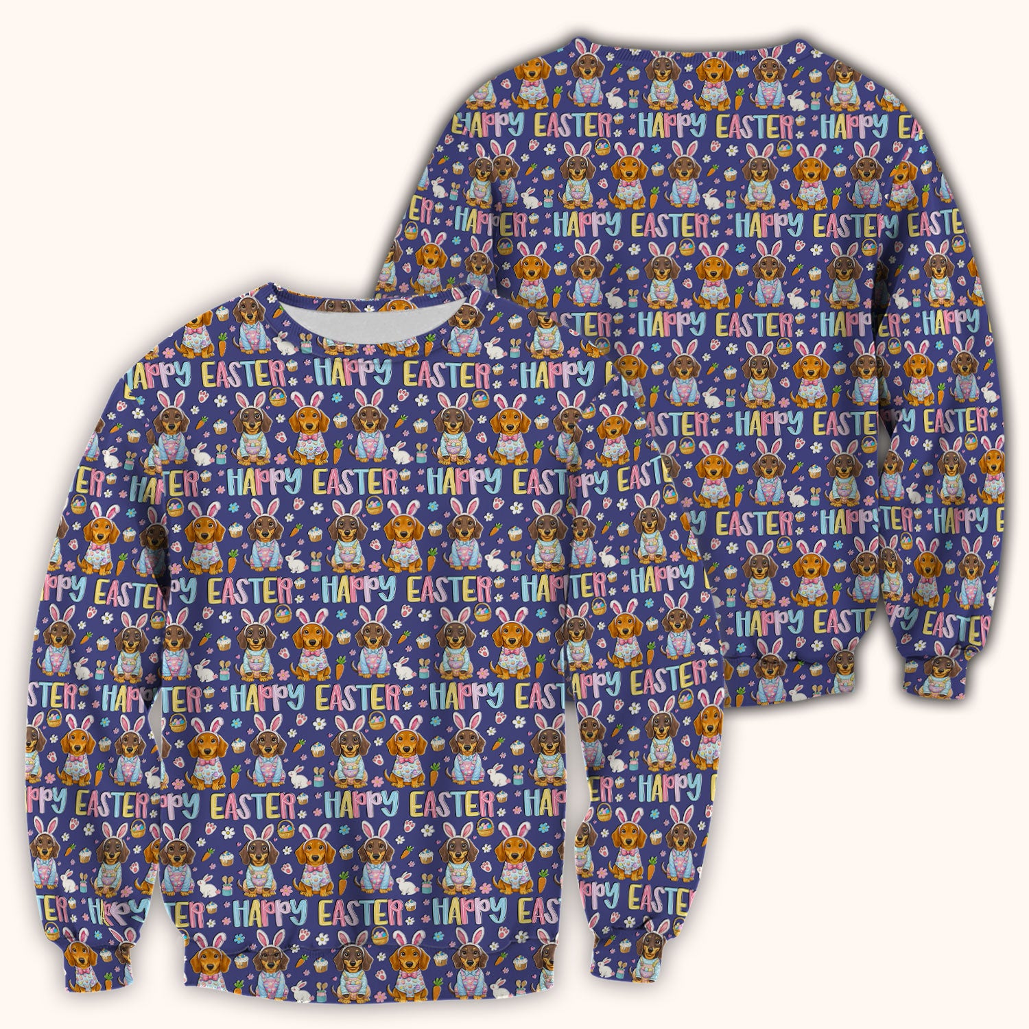 Happy Easter Dachshund Bunny Print Scrub Top, Comfortable Scrubs for Nurses