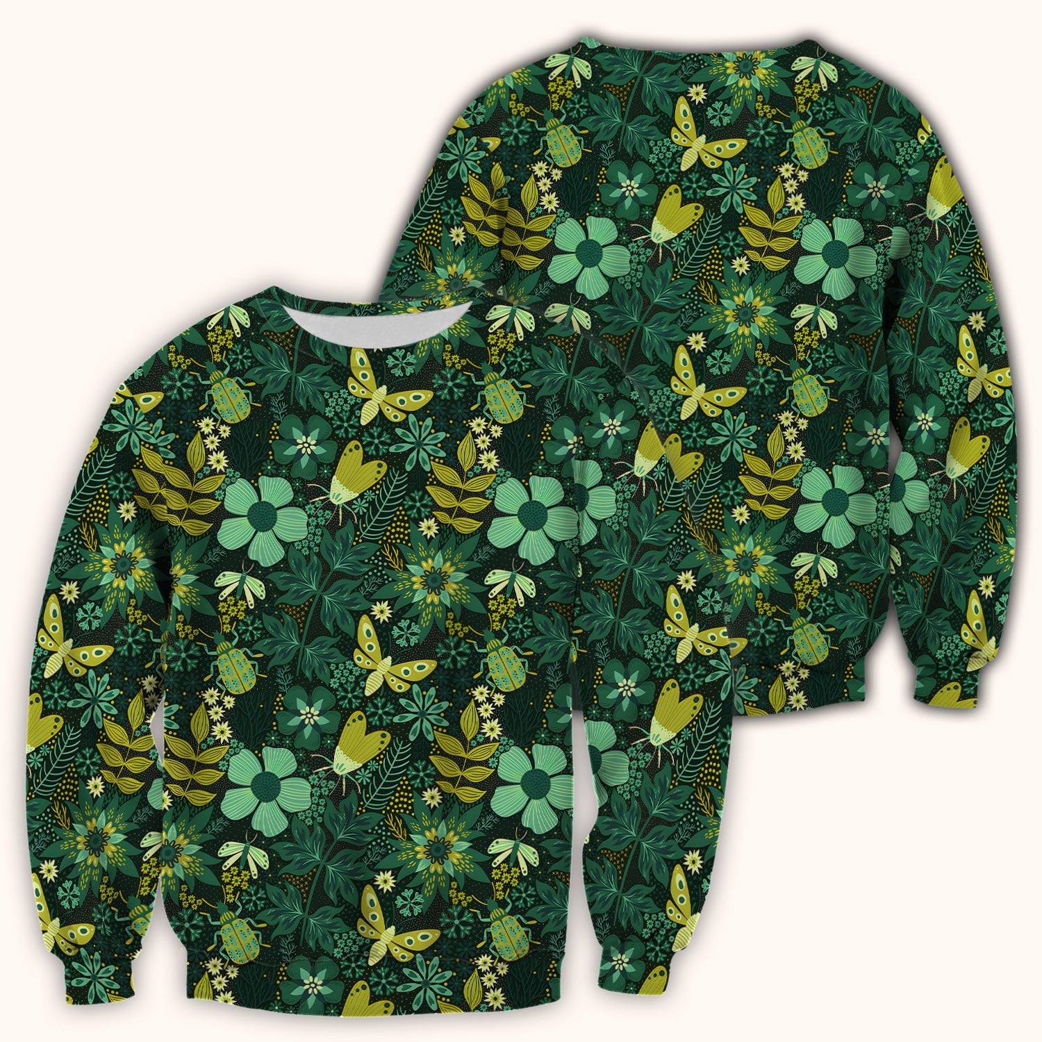 Green Botanical Butterfly Pattern Scrub Top, Comfortable Scrubs for Nurses