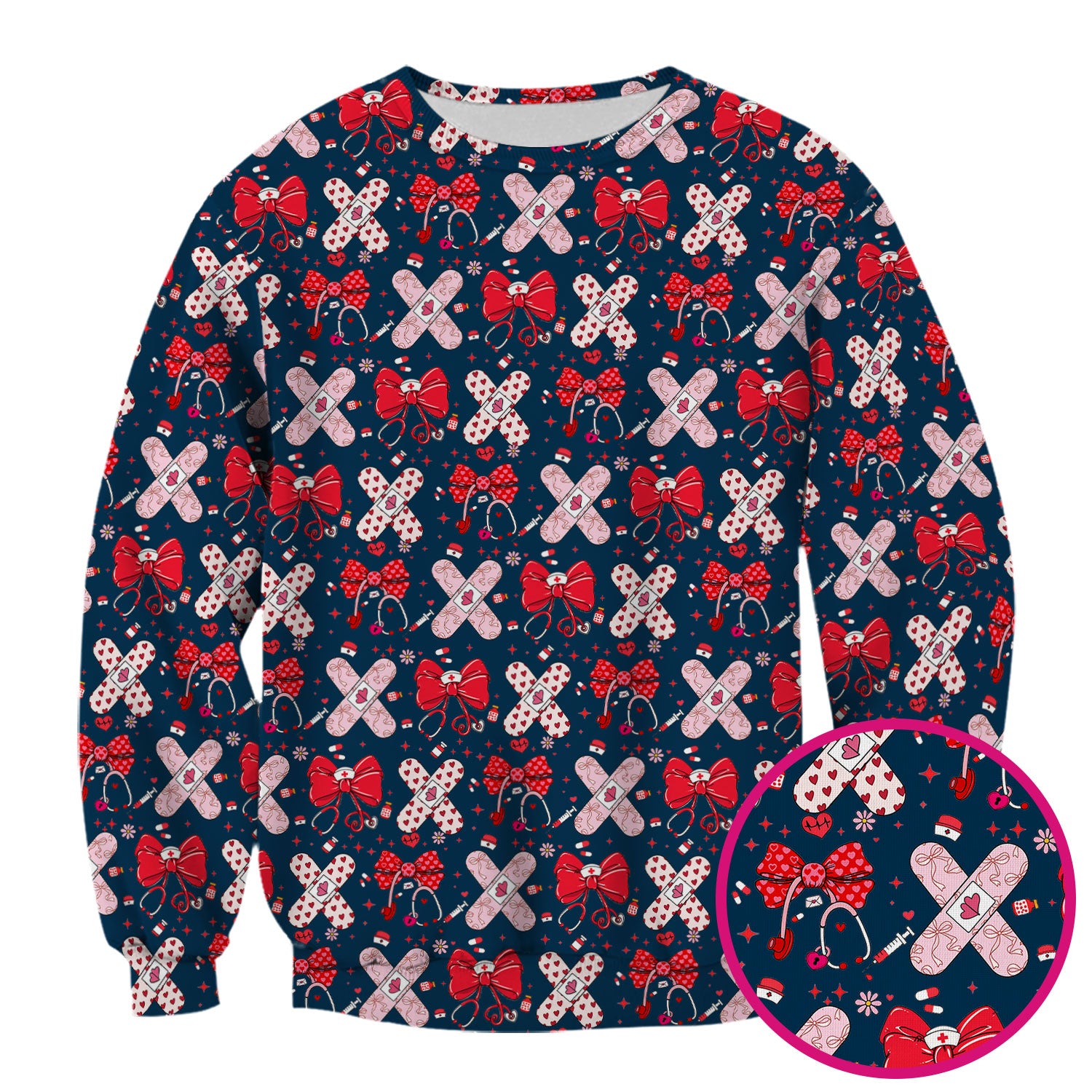 Valentine Nurse Scrub Top, Red Bow And Heart Bandage Pattern Medical Shirt, Breathable Fabrics Nursing Uniform
