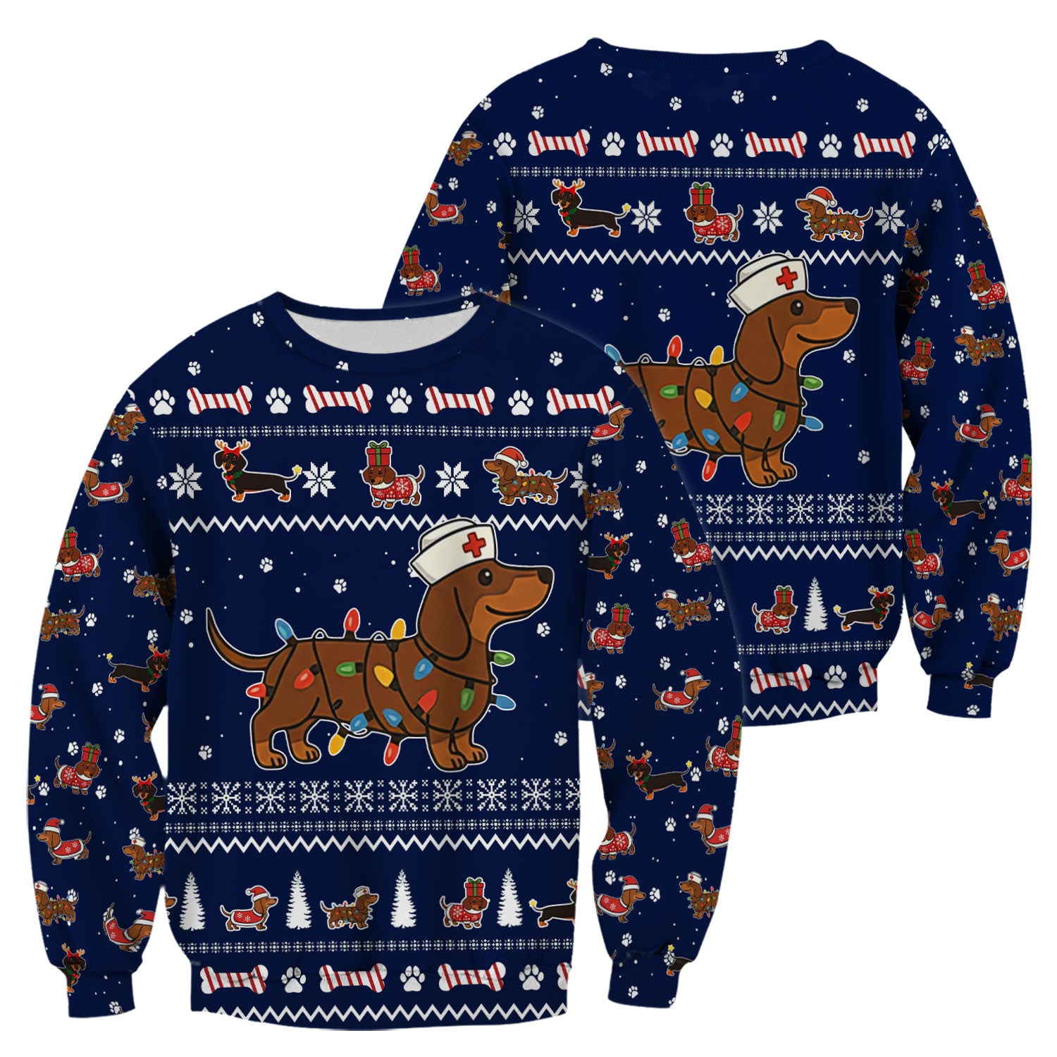 Christmas Dachshund Nurse Scrub Top for Women - Cute Sausage Dog Wearing Lights - Funny Holiday Medical Shirt Gift for RN CNA LPN