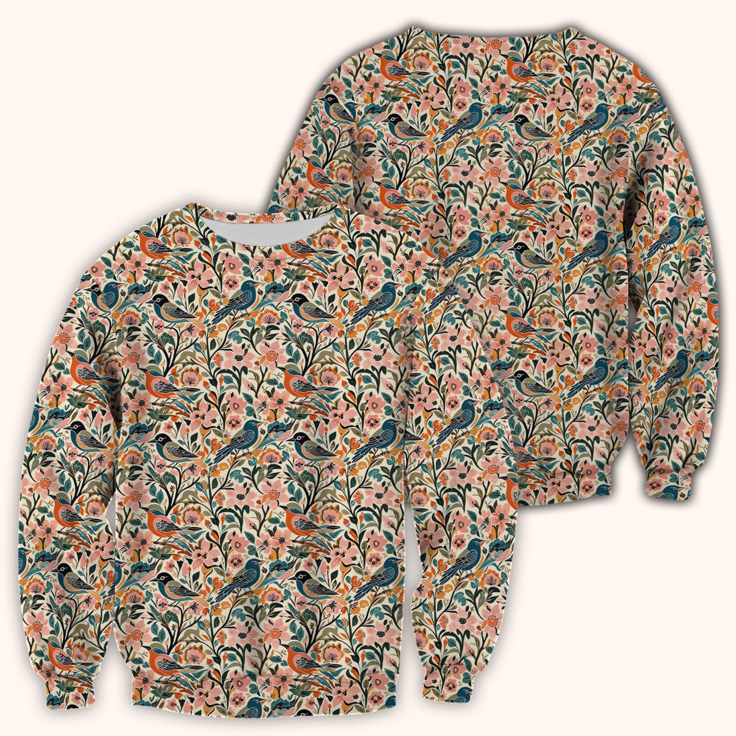 Folk Art Songbird Floral Pattern Scrub Top, Comfortable Scrubs for Nurses