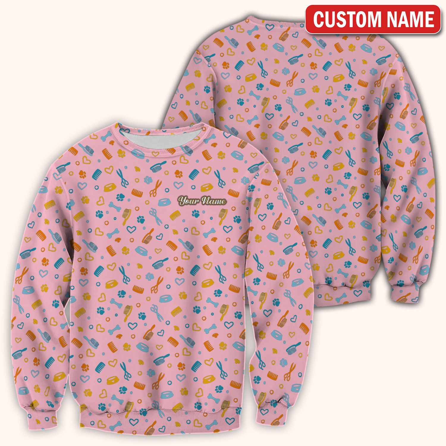 Custom Name Dog Cat Grooming Pattern Scrub Top, Breathable Fabrics Nursing Uniform