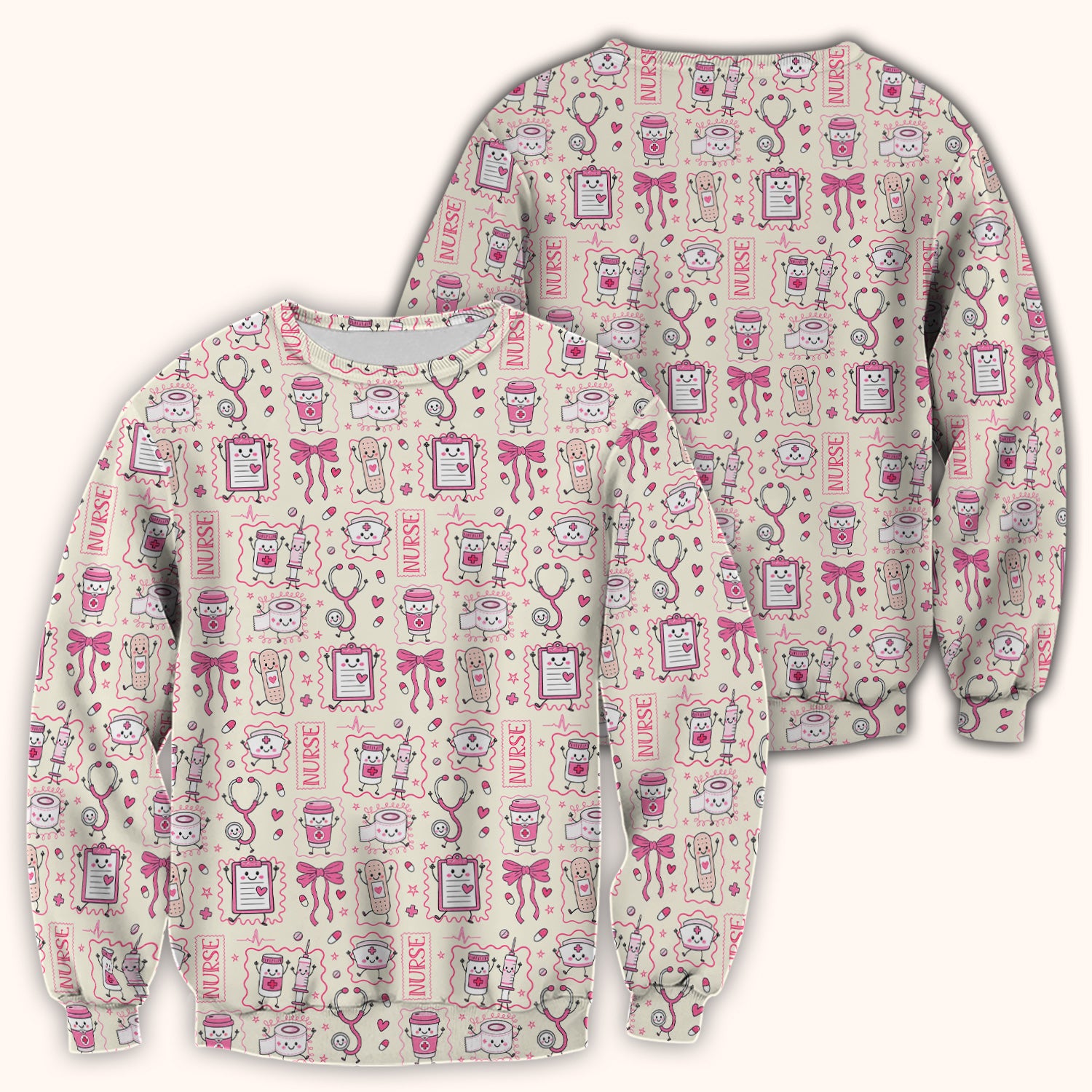 Cute Nurse Doodle with Bandage & Coffee Icons Scrub Top, Comfortable Scrubs for Nurses