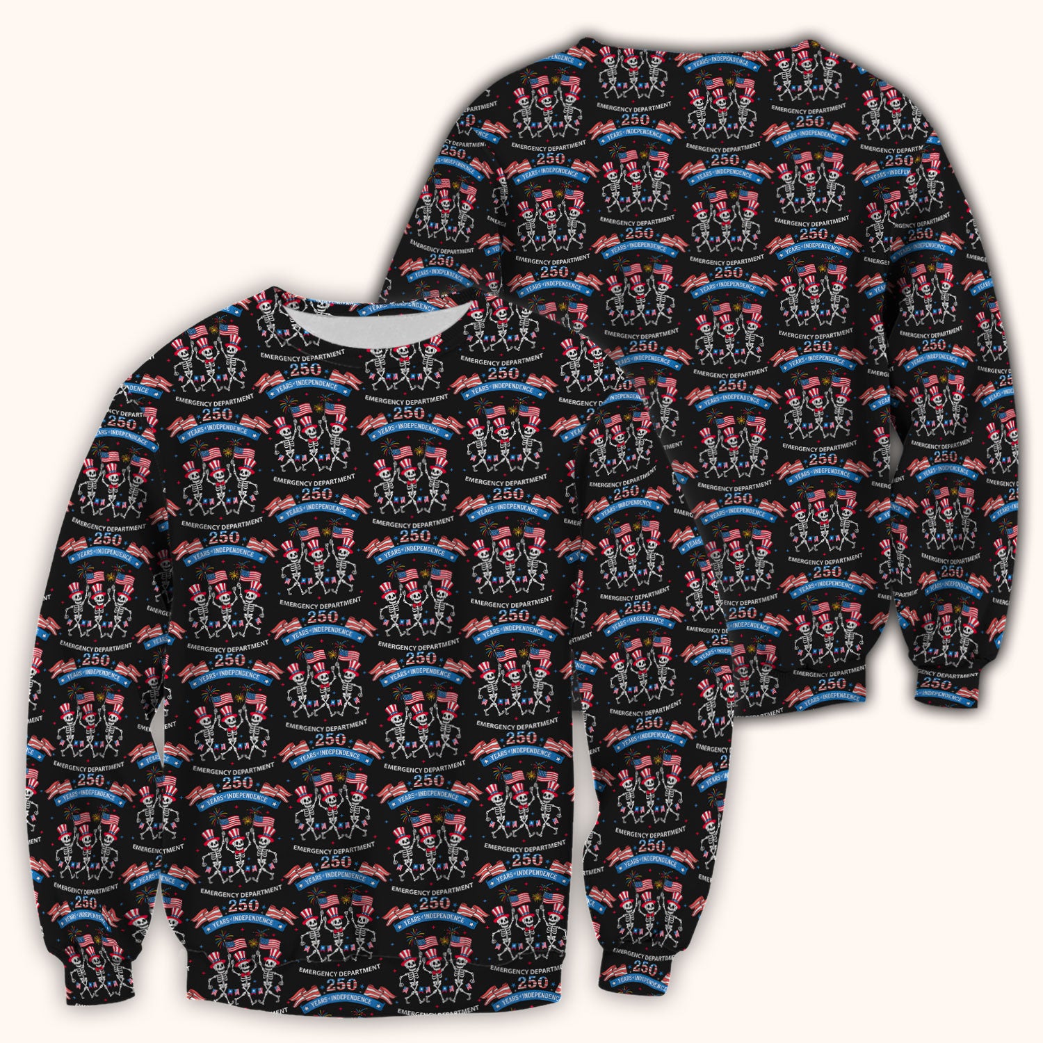 Patriotic Skeleton 250 Years ER Print Scrub Top, Breathable Fabrics Nursing Uniform