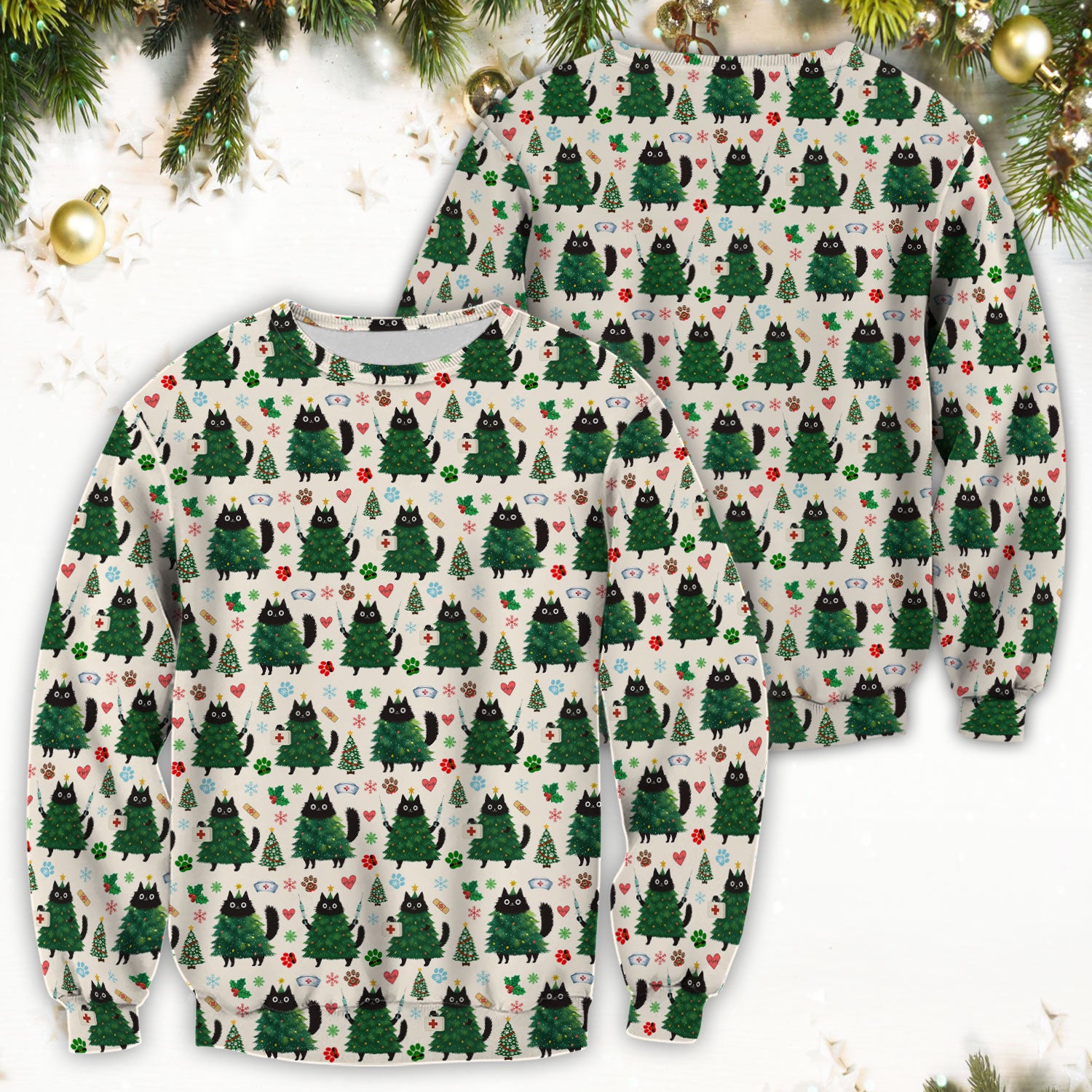 Christmas Nurse Scrub Top, Xmas Black Cat Pattern Nurse Shirt,  Breathable Fabrics Nursing Uniform