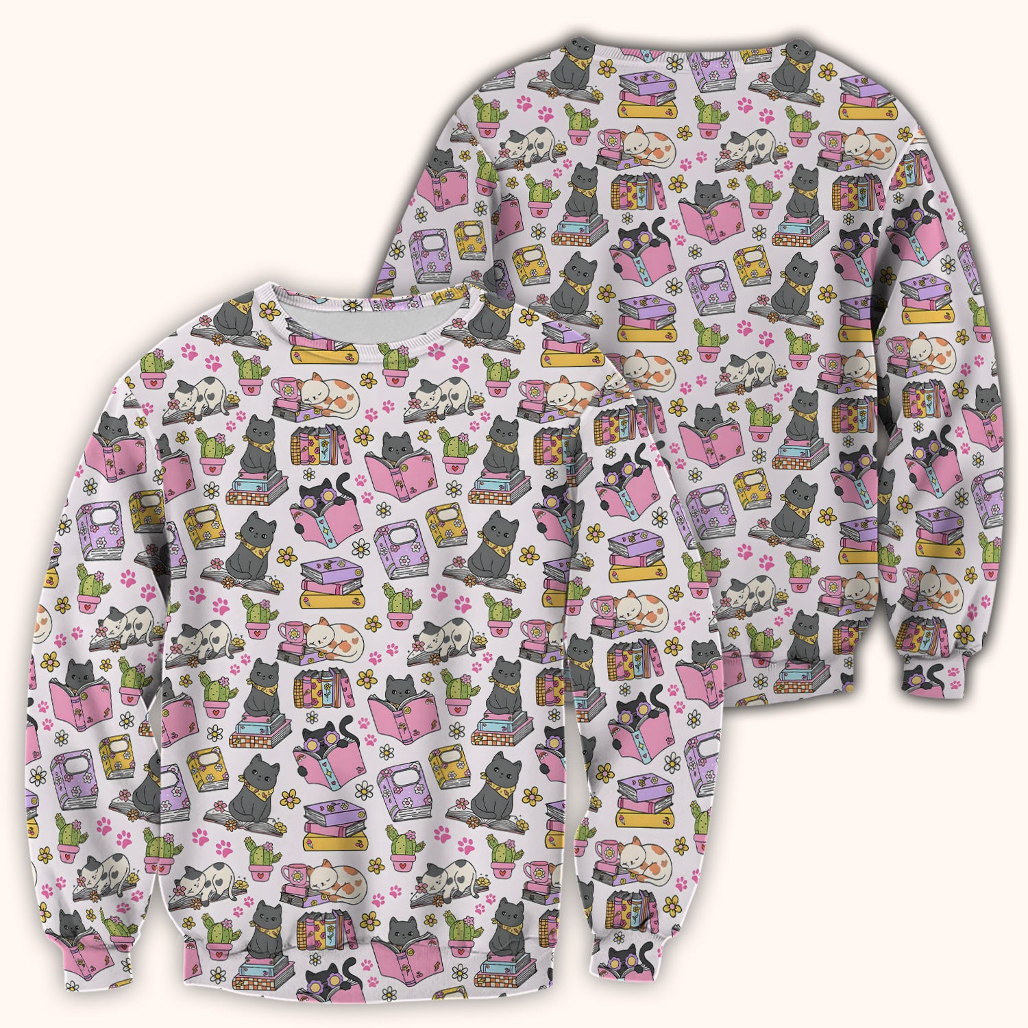 Cute Cat Book Cactus Seamless Pattern Scrub Top, Comfortable Scrubs for Nurses