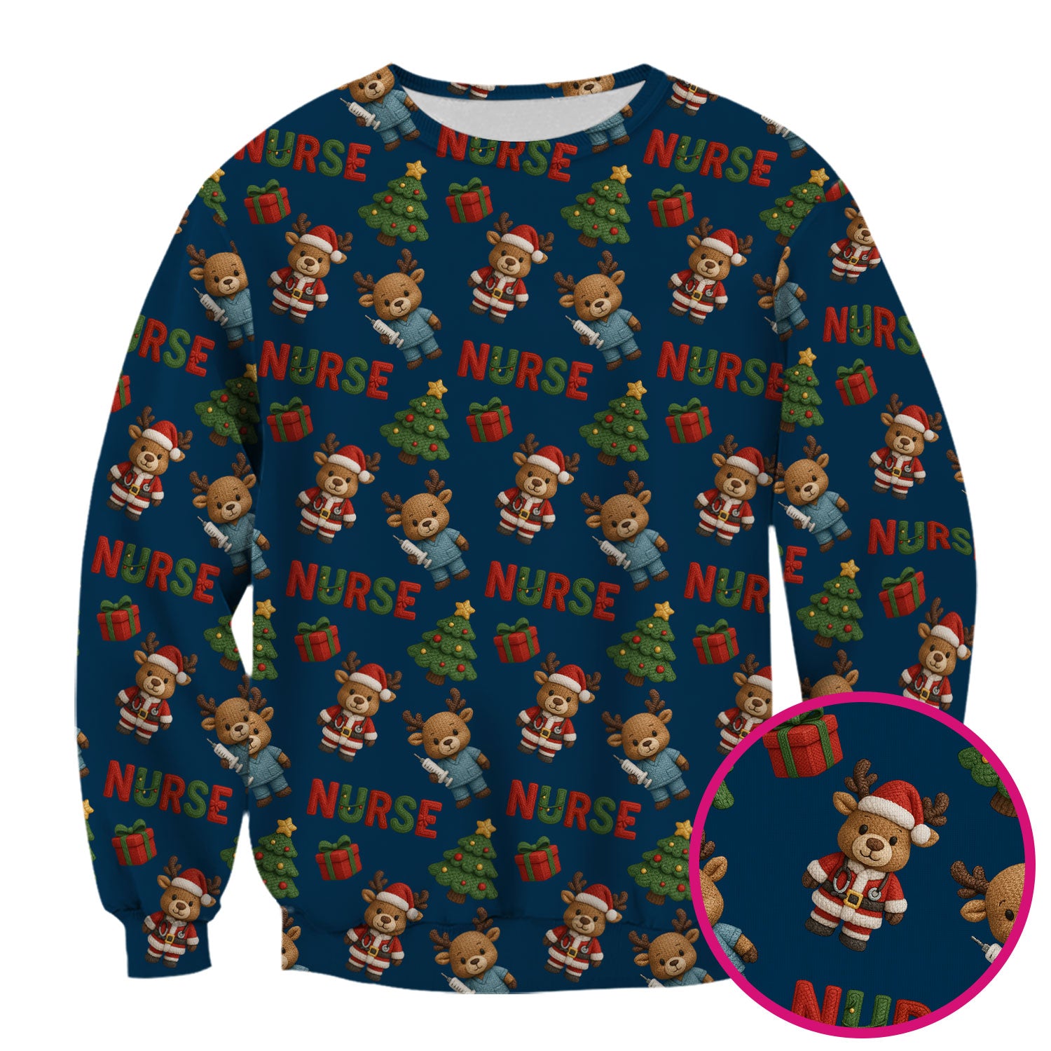 Reindeer Christmas Scrub Top, Cute Holiday Nurse Scrub Shirt, Festive Pattern Nursing Uniform