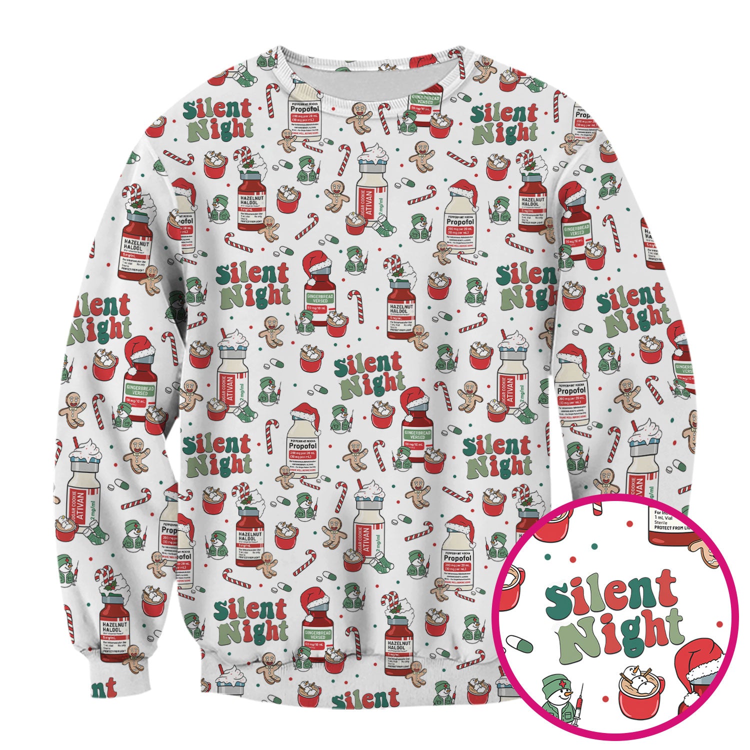 Funny Medicine Scrub Top for Nurses - Silent Night Propofol Print Christmas Scrub Tops with Candy Cane & Gingerbread - Holiday Medical Shirt Gift for RN CNA LPN