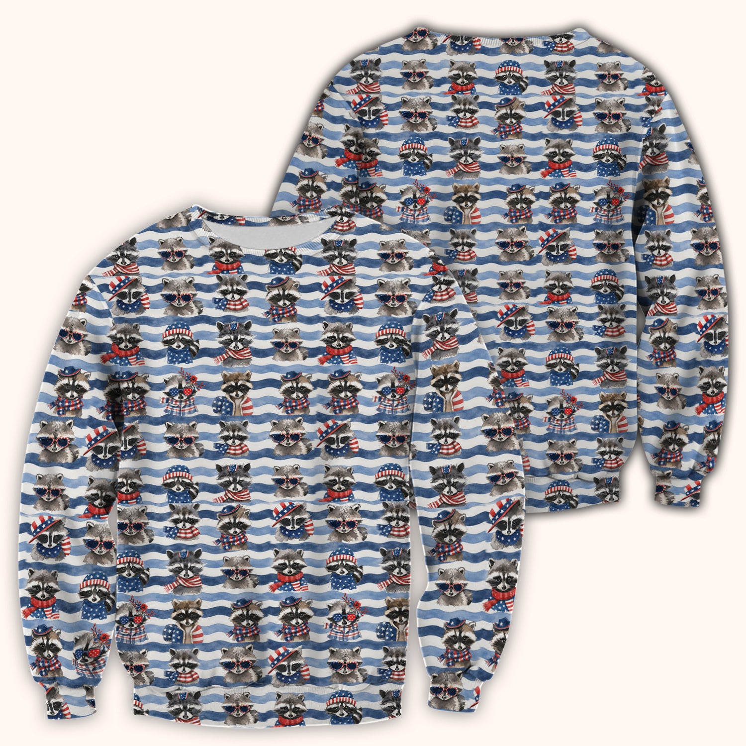 Patriotic Raccoon Watercolor Stripe Pattern Scrub Top, Comfortable Scrubs for Nurses