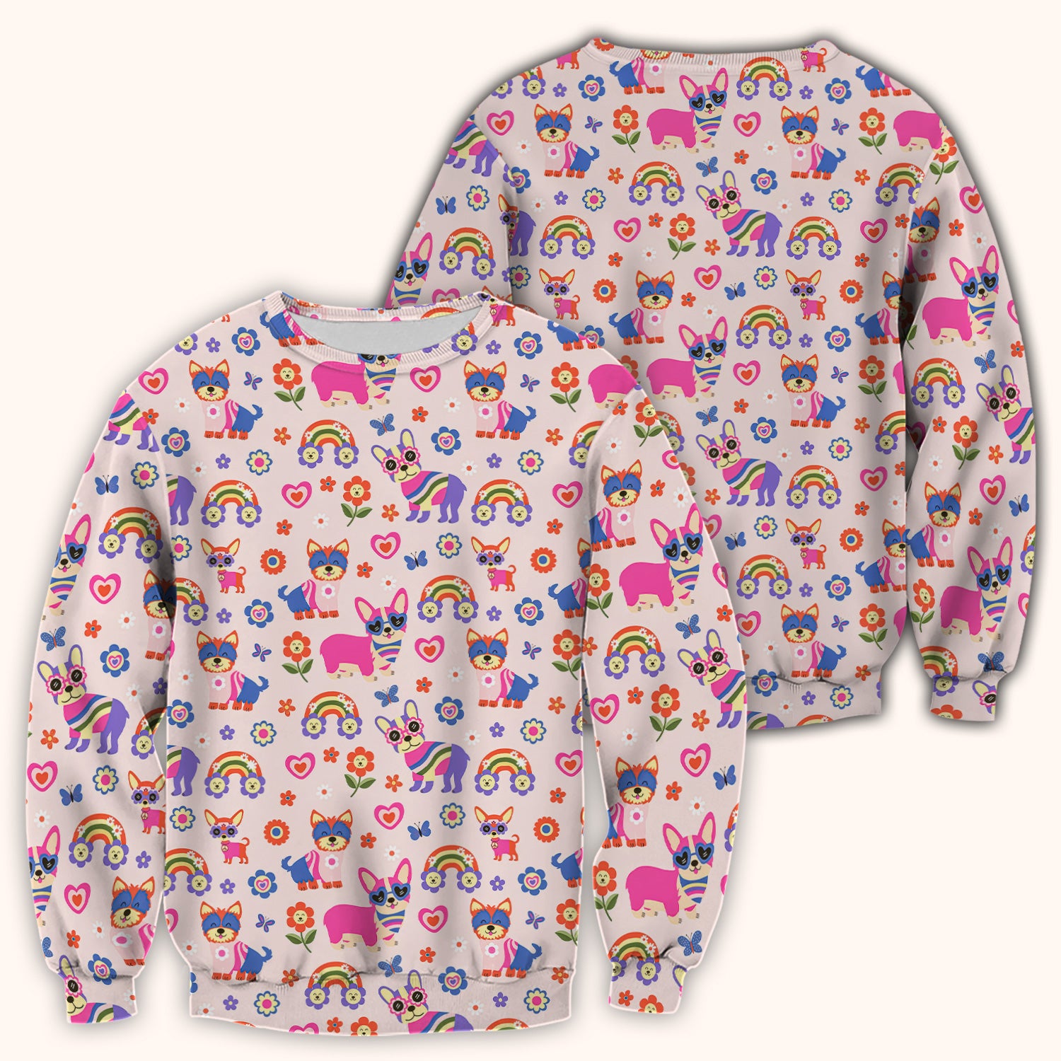 Colorful Cartoon Dogs With Rainbow Flowers Pattern Scrub Top, Breathable Fabrics Nursing Uniform