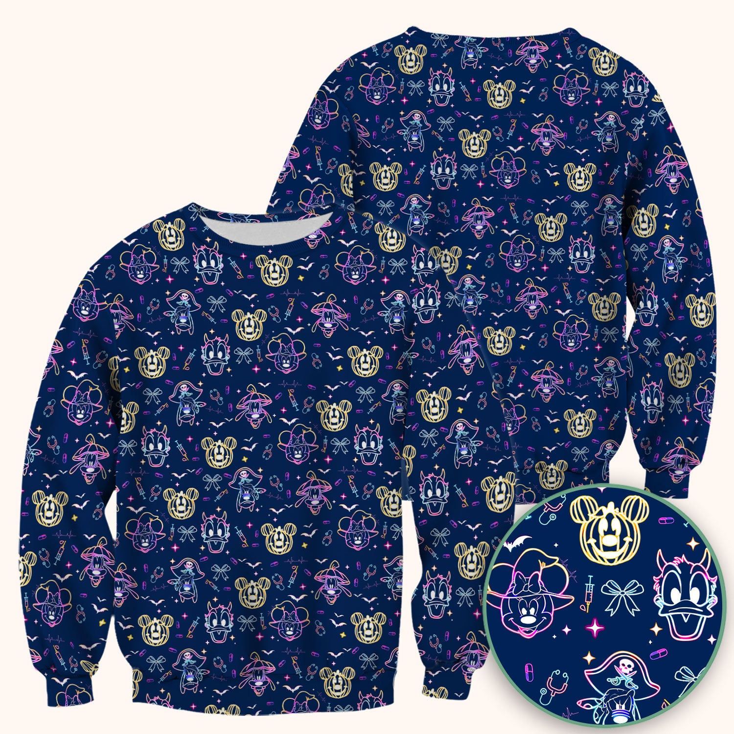 Neon Mouse Halloween Scrub Top for Nurses - Spooky Faces and Scary Pumpkin Shirt - Funny Med Uniform Gift for Women