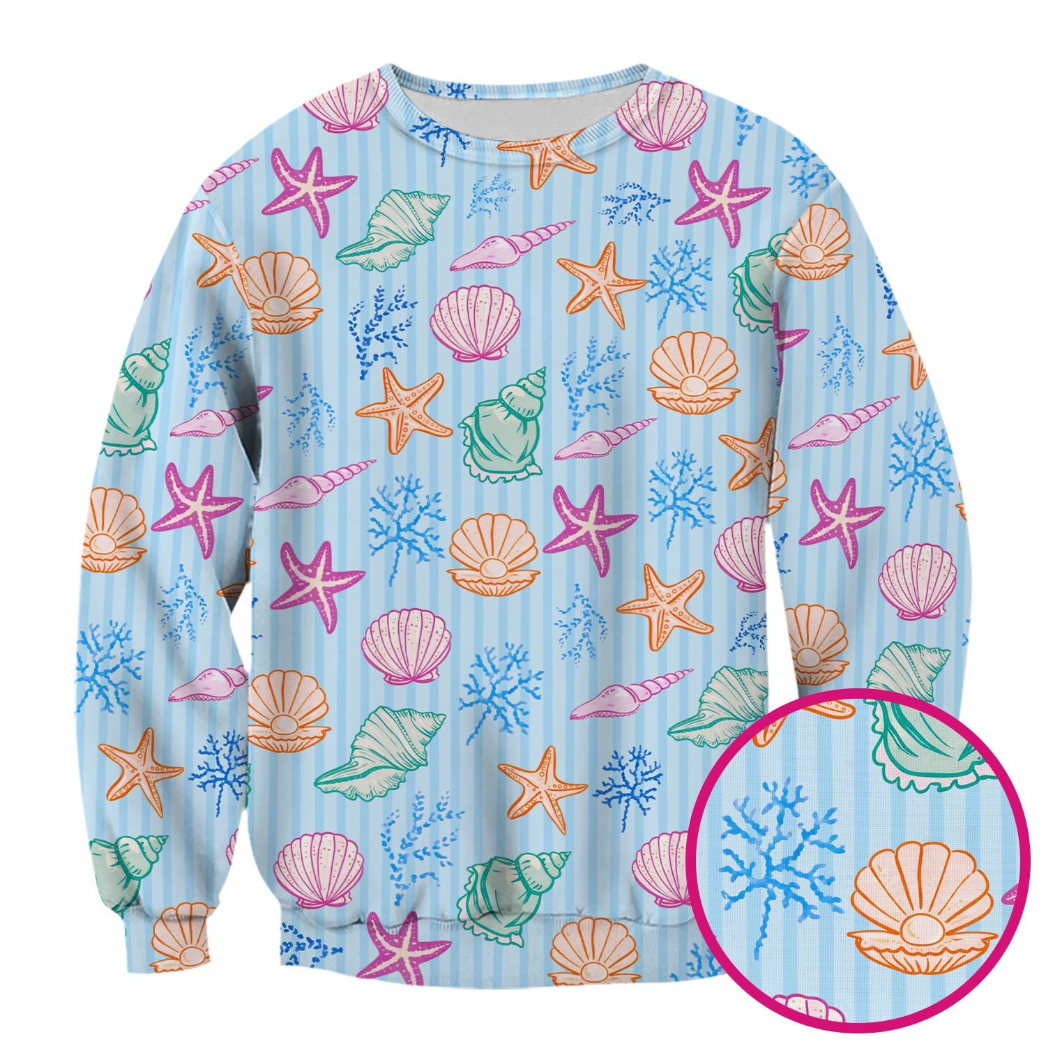 Colorful Seashell Starfish Ocean Stripe Pattern Scrub Top, Breathable Fabrics Nursing Uniform