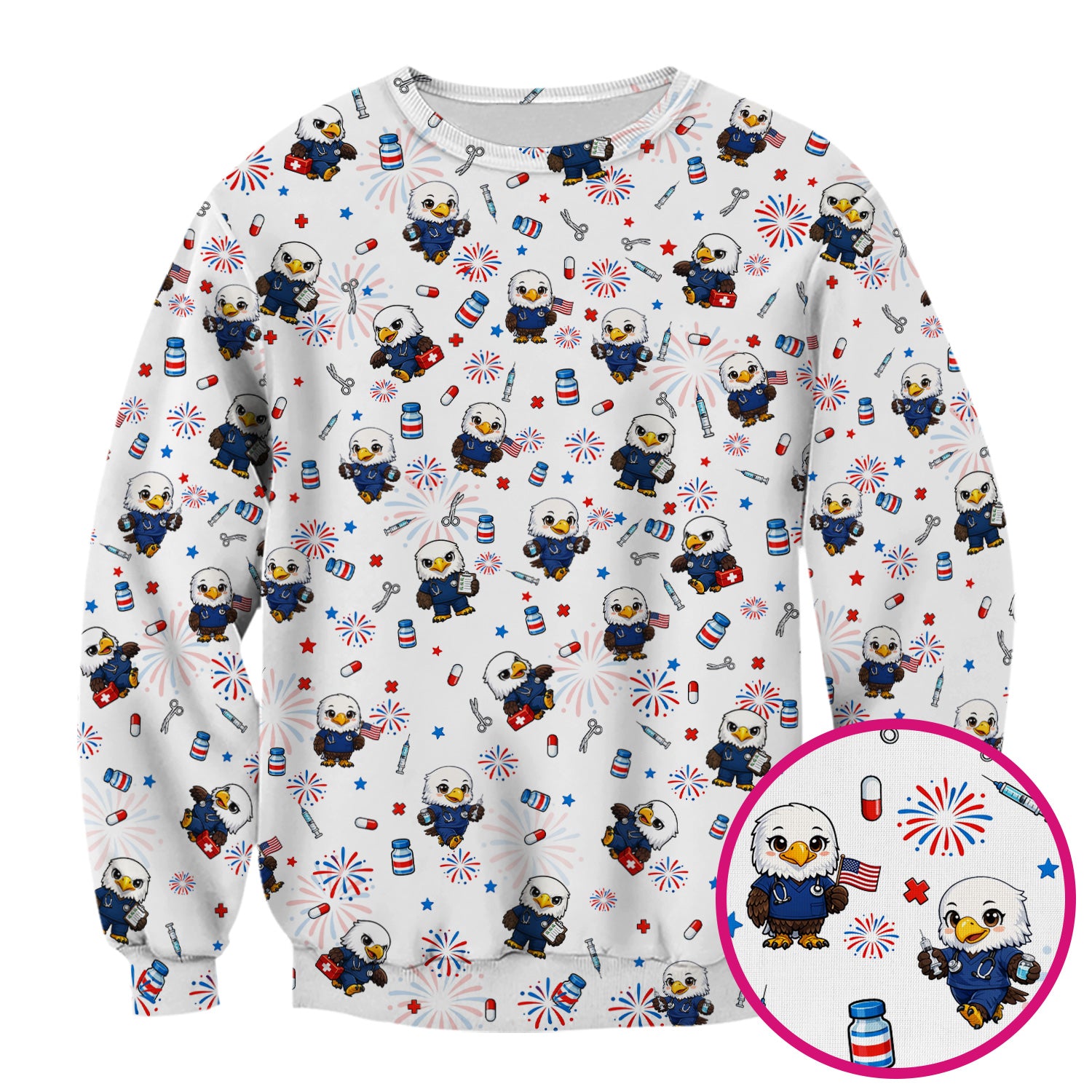 Patriotic Nurse Eagle Fireworks Medical Pattern Scrub Top, Breathable Fabrics Nursing Uniform