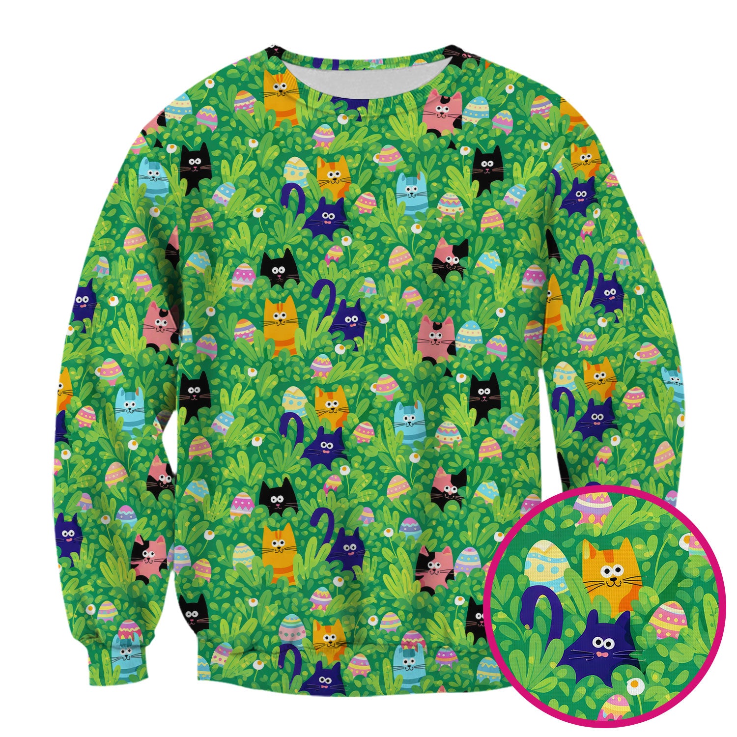 Colorful Easter Cats Green Leaves Print Scrub Top, Comfortable Scrubs for Nurses