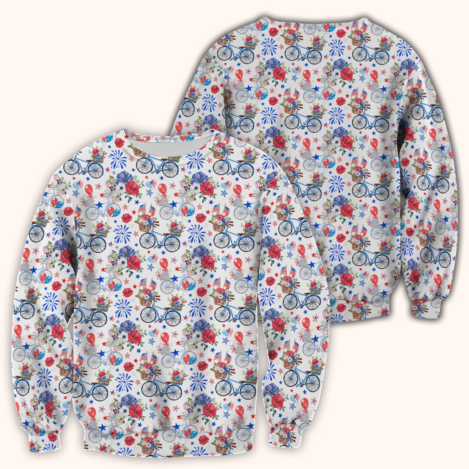 Patriotic Bicycle Floral Fireworks Print Scrub Top, Comfortable Scrubs for Nurses