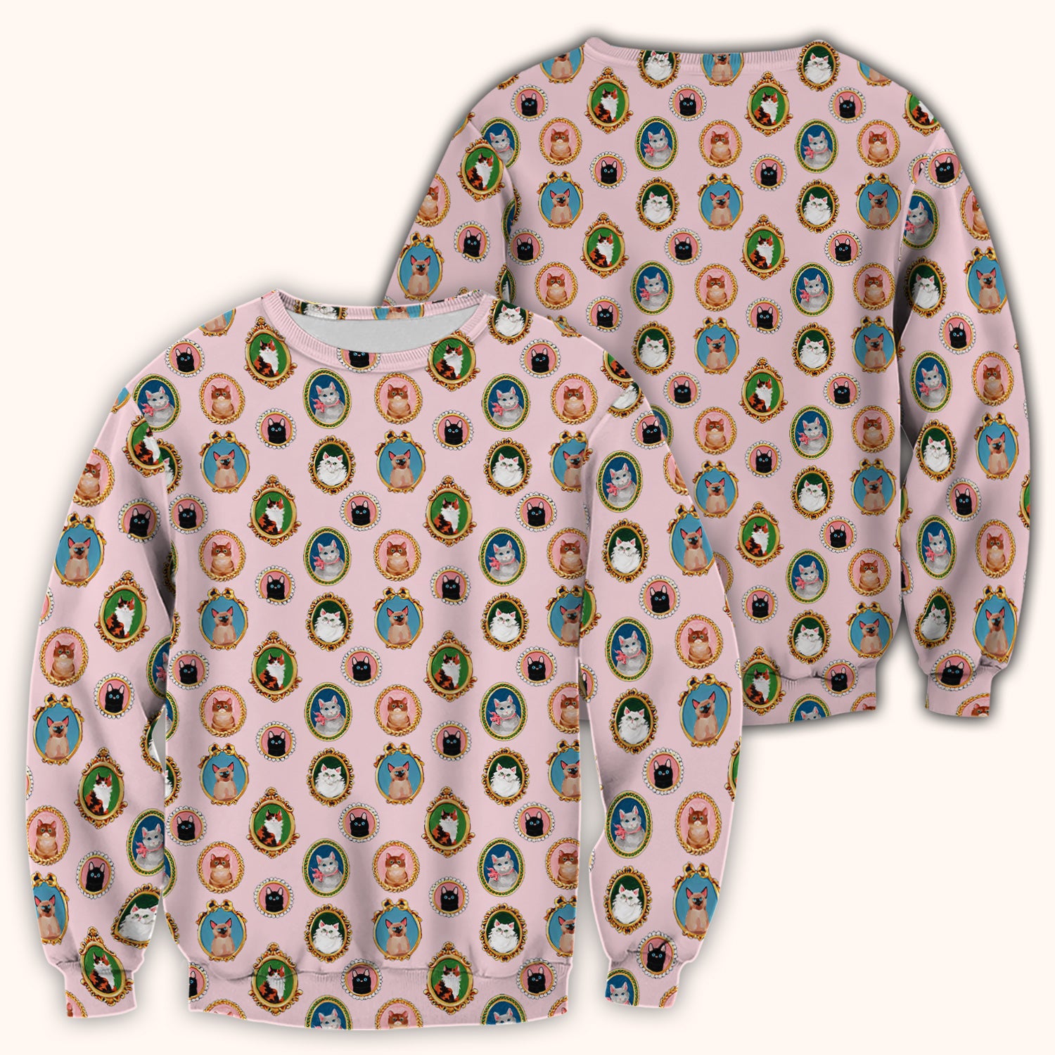 Vintage Cat Portrait Pattern Scrub Top, Breathable Medical Uniform Top