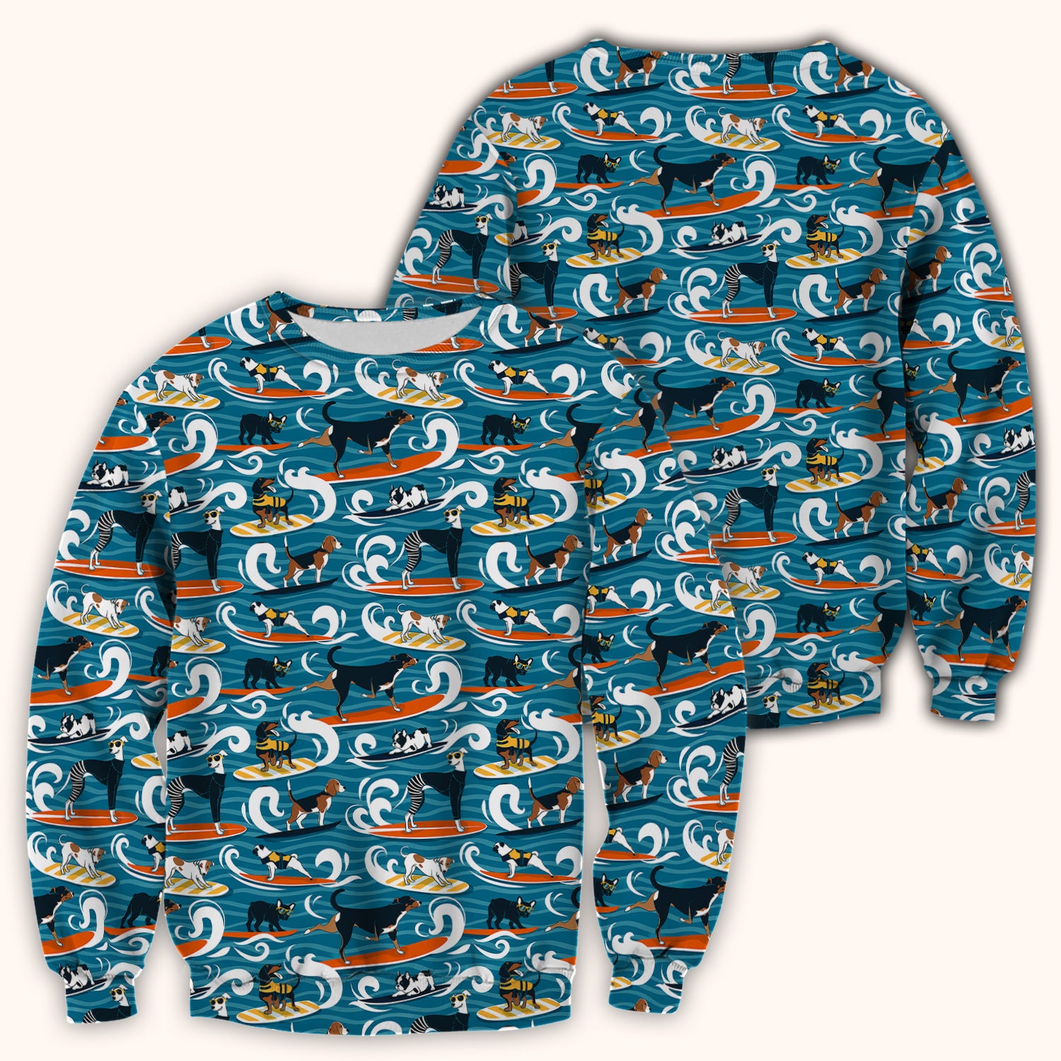 Surfing Dogs Ocean Wave Print Scrub Top, Comfortable Scrubs for Nurses