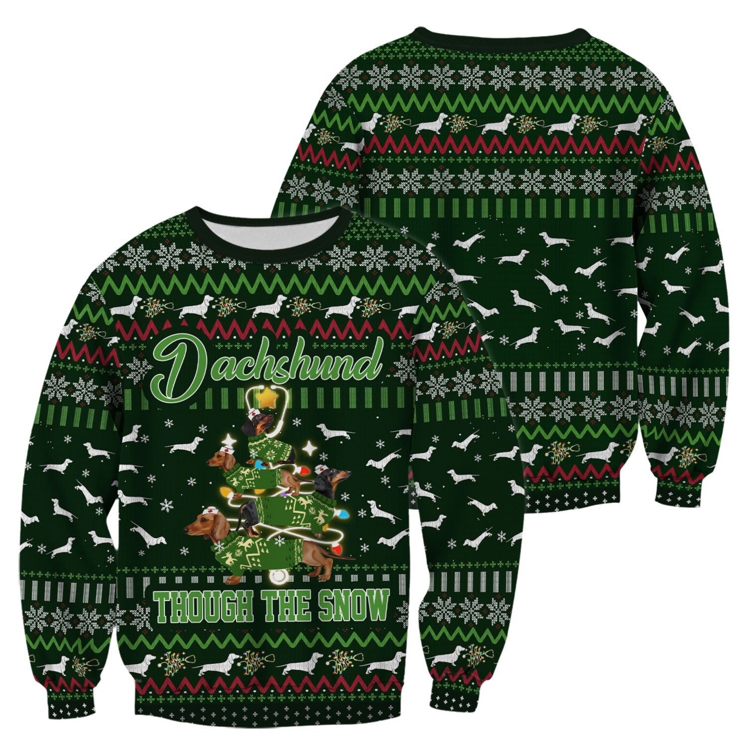 Dachshund Through The Snow Christmas Scrub Top - Funny Sausage Dog Xmas Tree Nurse Shirt - Cute Holiday Medical Uniform