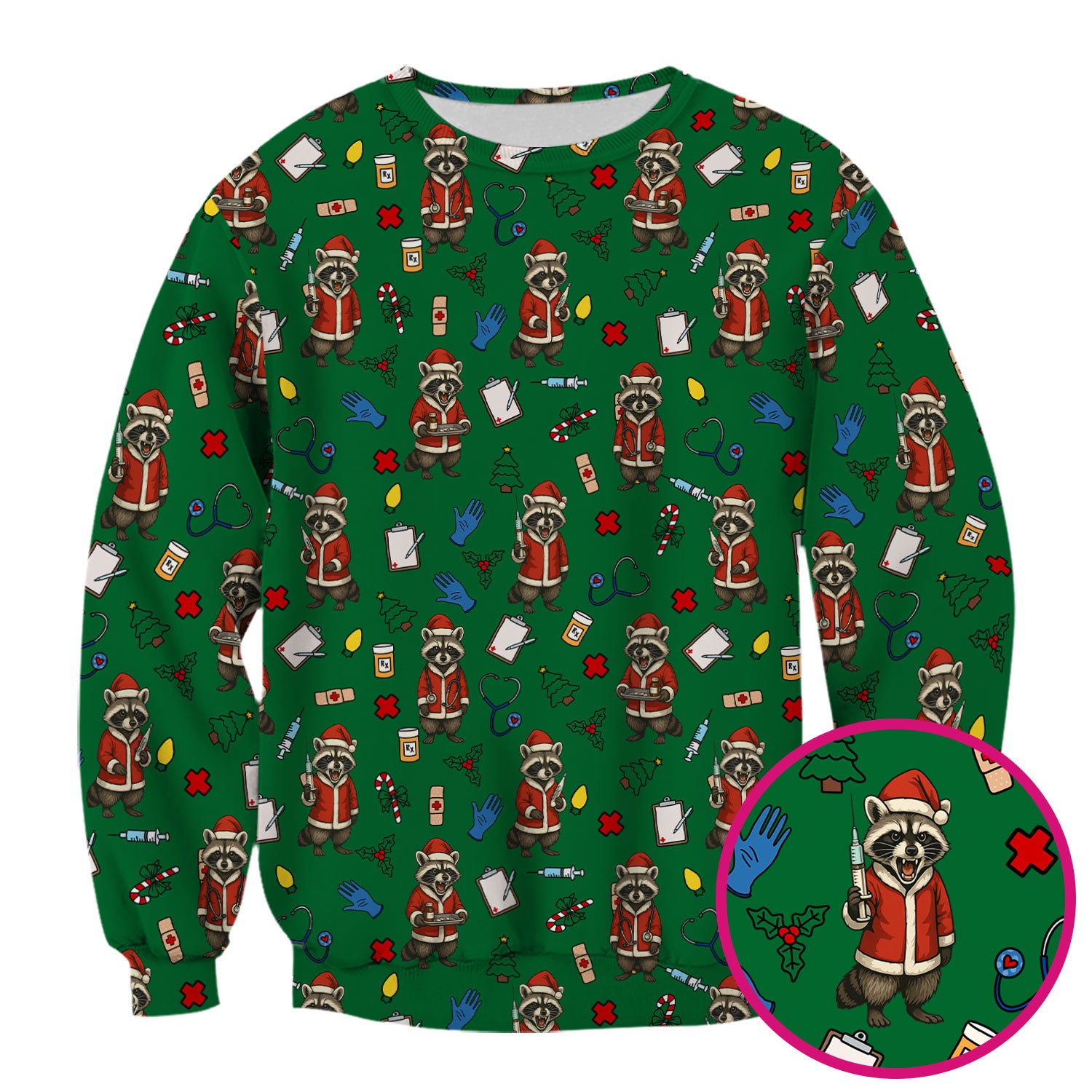 Festive Raccoon Pattern Scrub Top - Christmas Santa Print Medical Shirt - Fun Holiday Gift for RN LPN CNA Women