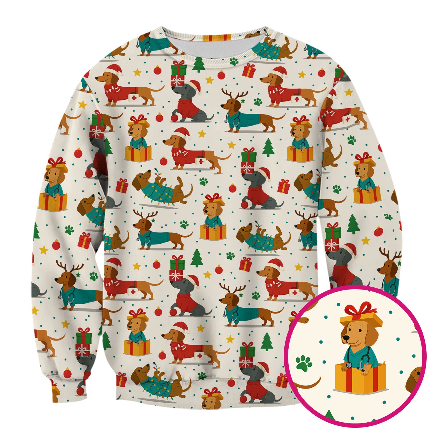 Christmas Dog Scrub Top for Women - Cute Dachshund Nurse Shirt - Holiday Medical Scrubs Gift for CNA RN Doctor