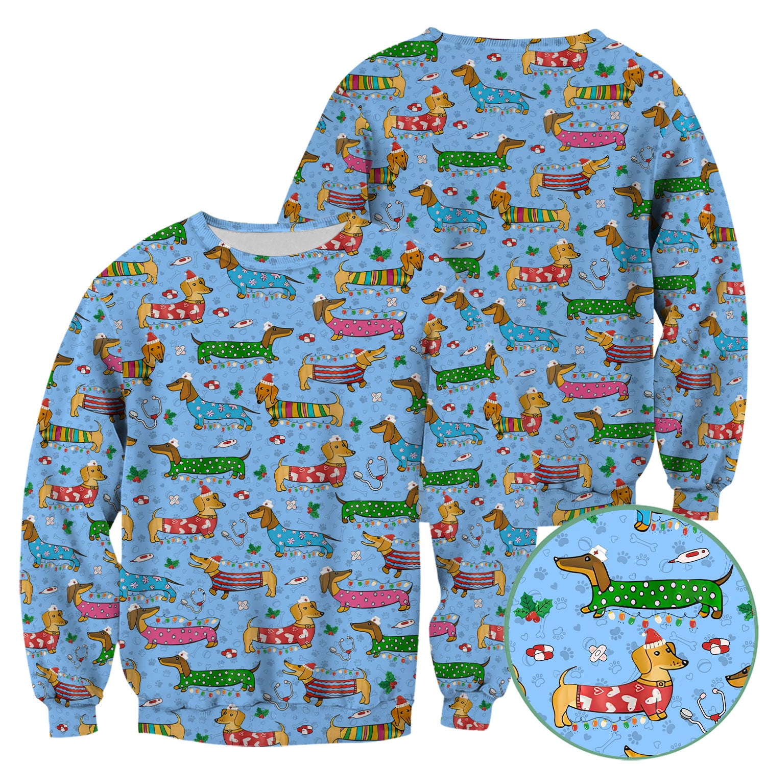 Christmas Dachshund Nurse Scrub Top - Cute Wiener Dog in Holiday Outfit - Funny Medical Shirt Gift for Women RN LPN CNA
