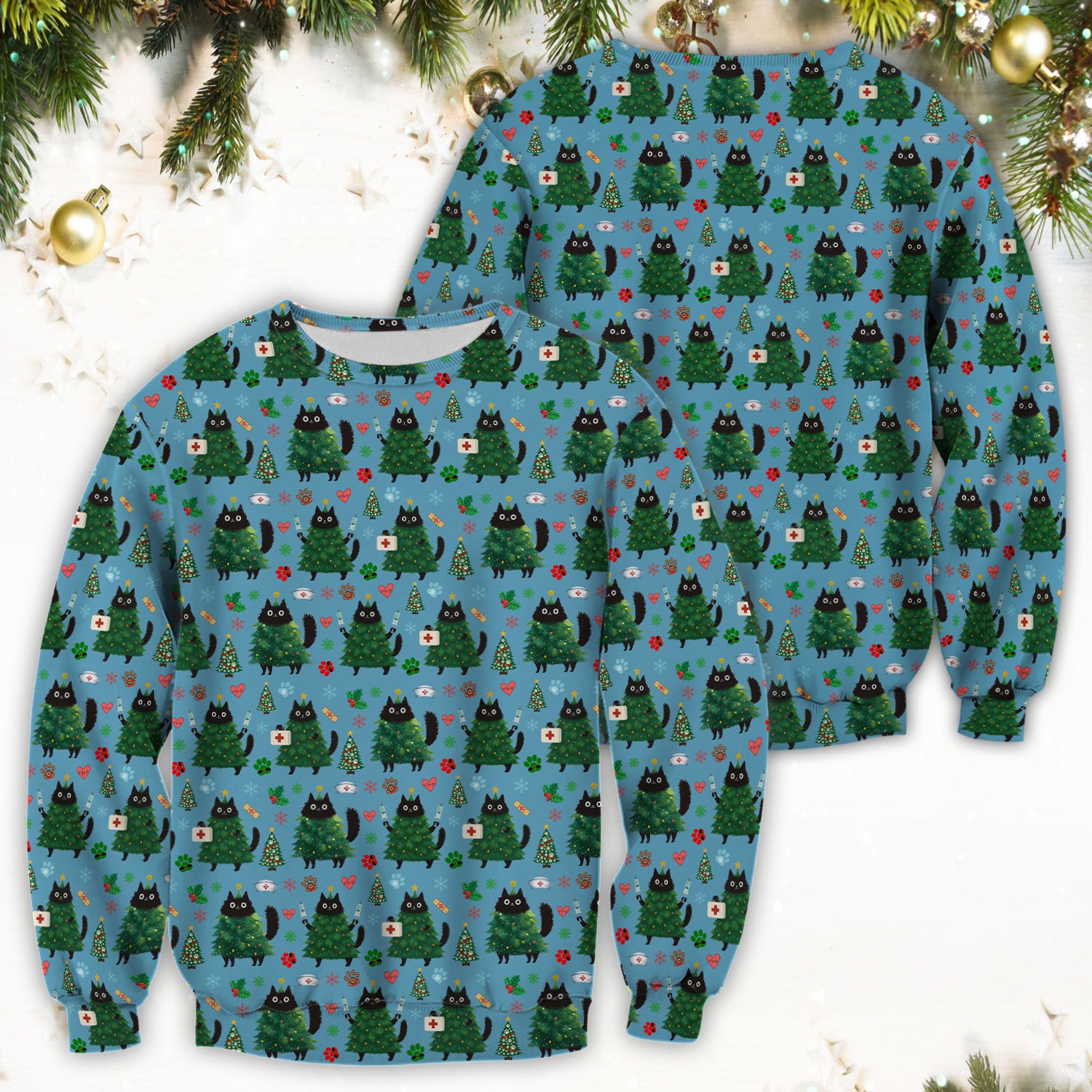 Christmas Nurse Scrub Top, Xmas Black Cat Pattern Nurse Shirt,  Breathable Fabrics Nursing Uniform