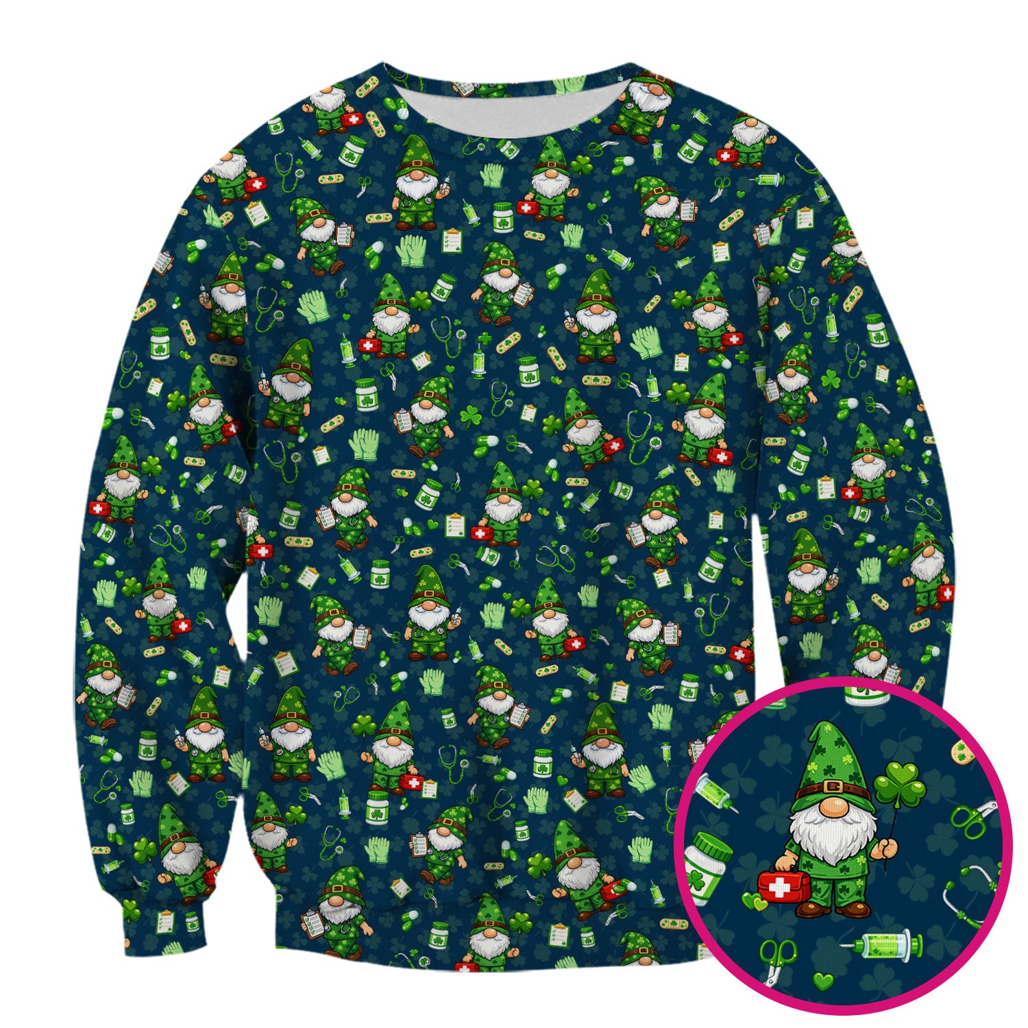 St. Patrick’s Day Nurse Gnome Scrub Top, Green Lucky Medical Pattern Nurse Shirt, Breathable Fabrics Nursing Uniform