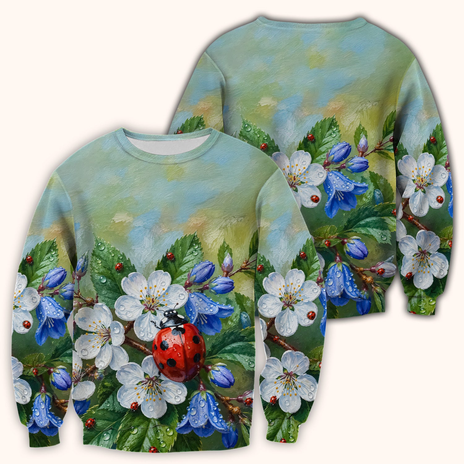 Cute Ladybug Blossom Garden Pattern Scrub Top, Comfortable Scrubs for Nurses