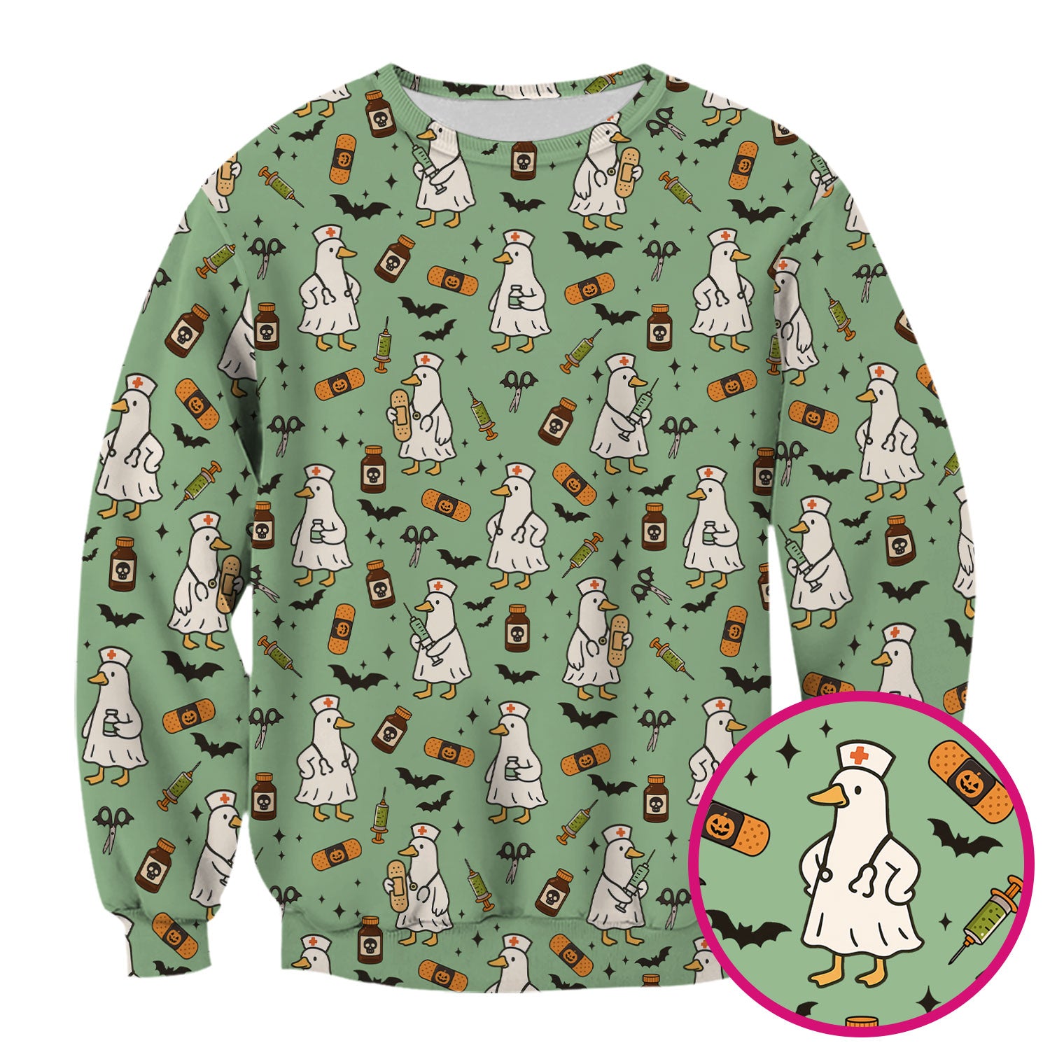 Cute Duck Pattern Nurse Scrub Top - Funny Goose Halloween Medical Design - Playful Spooky Nursing Shirt for RN LPN CNA Women