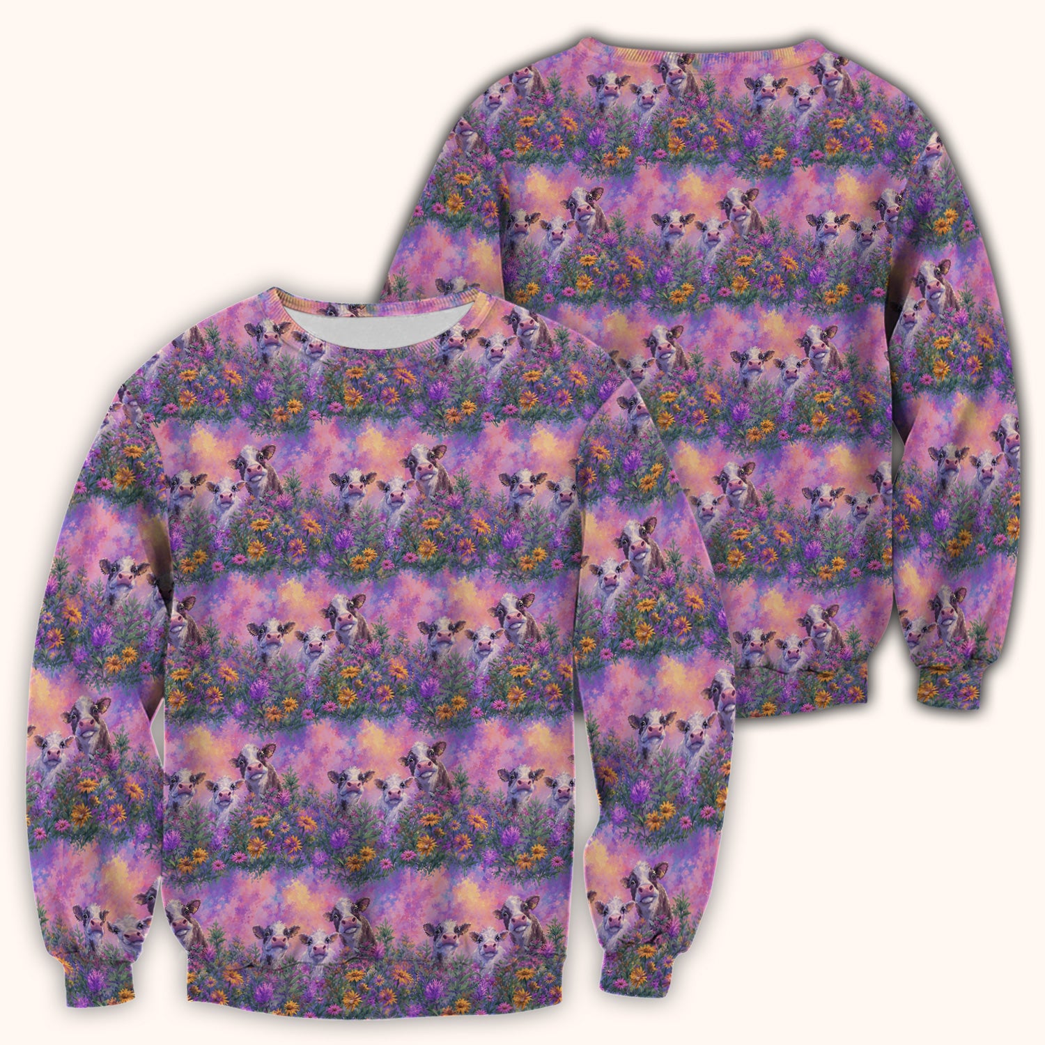 Pastel Cow Meadow Flower Pattern Scrub Top, Comfortable Scrubs for Nurses