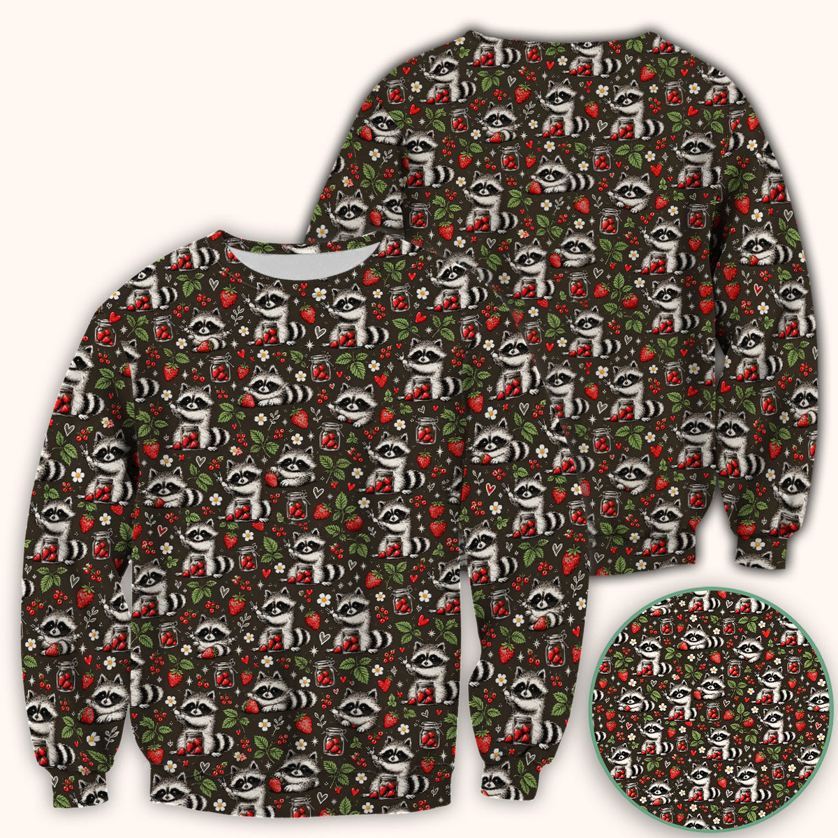 Cute Raccoons And Strawberries Pattern Scrub Top, Comfortable Scrubs for Nurses