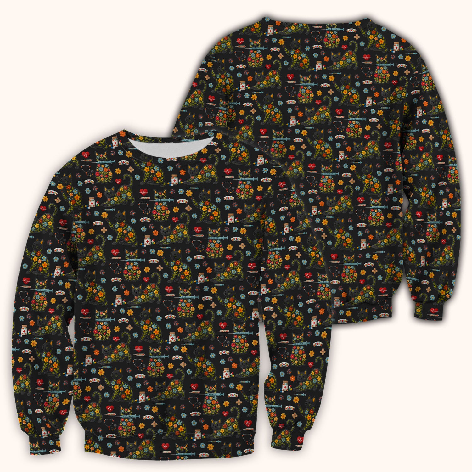 Floral Black Cat Pattern Scrub Top, Cute Cat Nurse Scrub Shirt, Medical Nursing Uniform