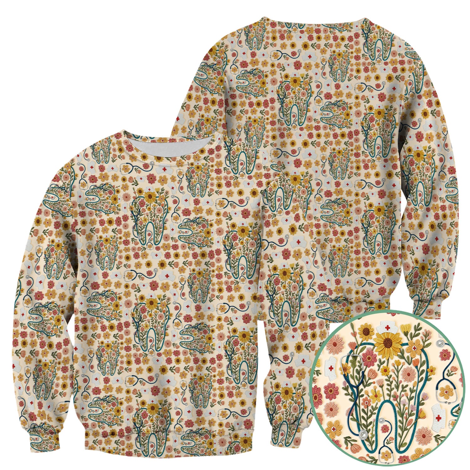 Boho Floral Tooth Scrub Top - Aesthetic Dental Scrubs for Women - Cute Flower Tooth Pattern Medical Uniform - Hygienist Christmas Gift