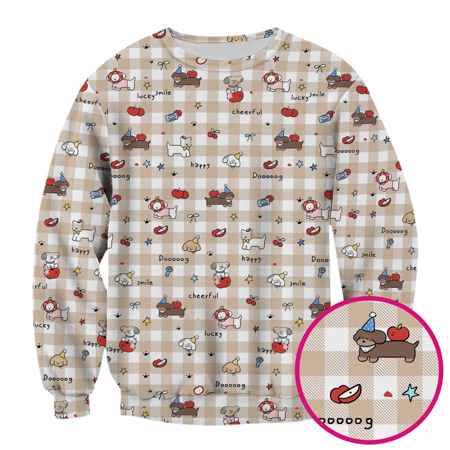 Cute Nurse Cartoon Puppy Apple Gingham Scrub Top, Breathable Fabrics Nursing Uniform