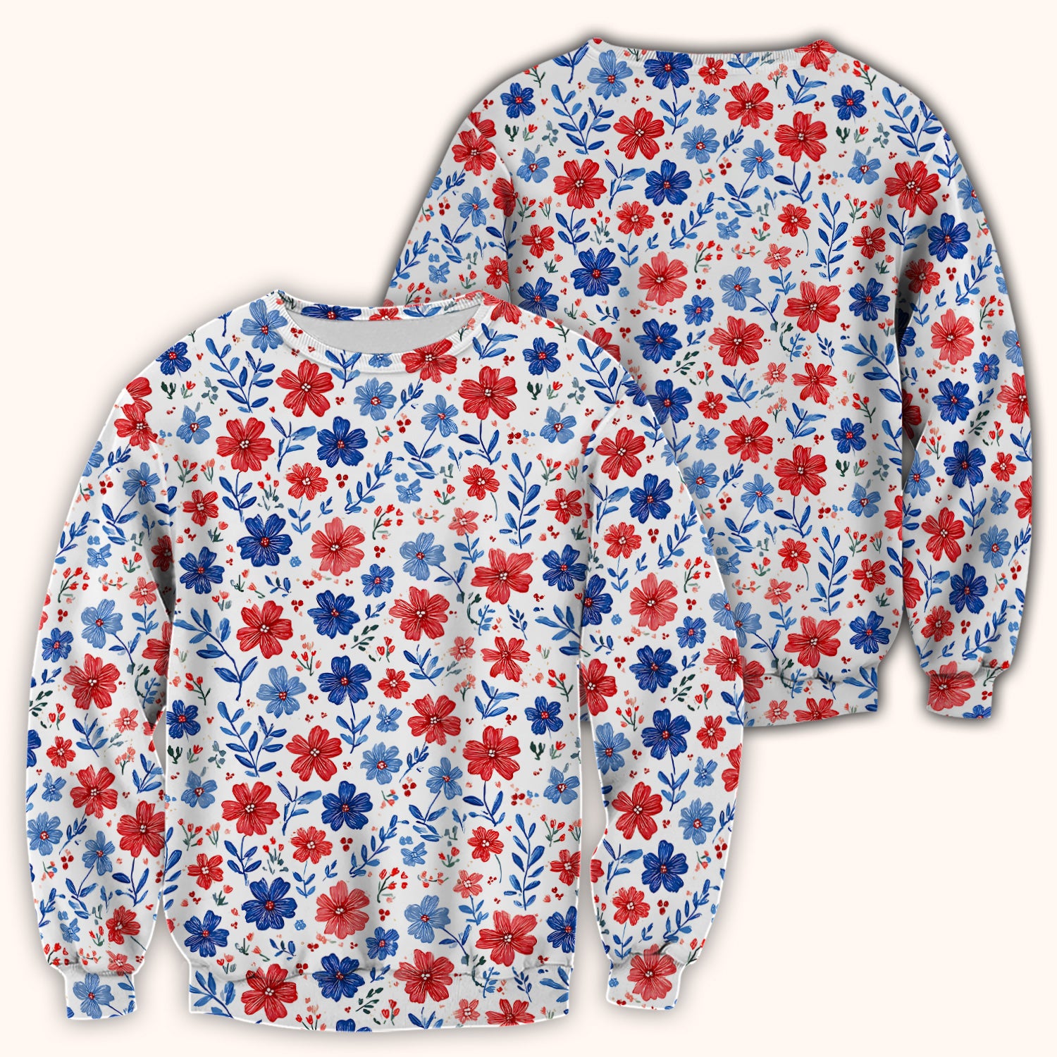 Patriotic Red White Blue Floral Print Scrub Top, Comfortable Scrubs for Nurses