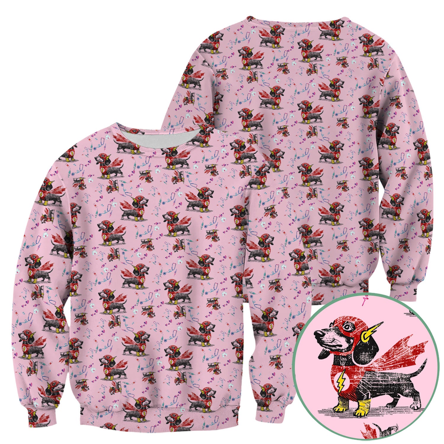 Dachshund Hero Scrub Top for Nurses - Super Nurse Funny Flash Dog Print Medical Uniform Shirt - Cute Sausage Dog Gift for RN CNA LPN