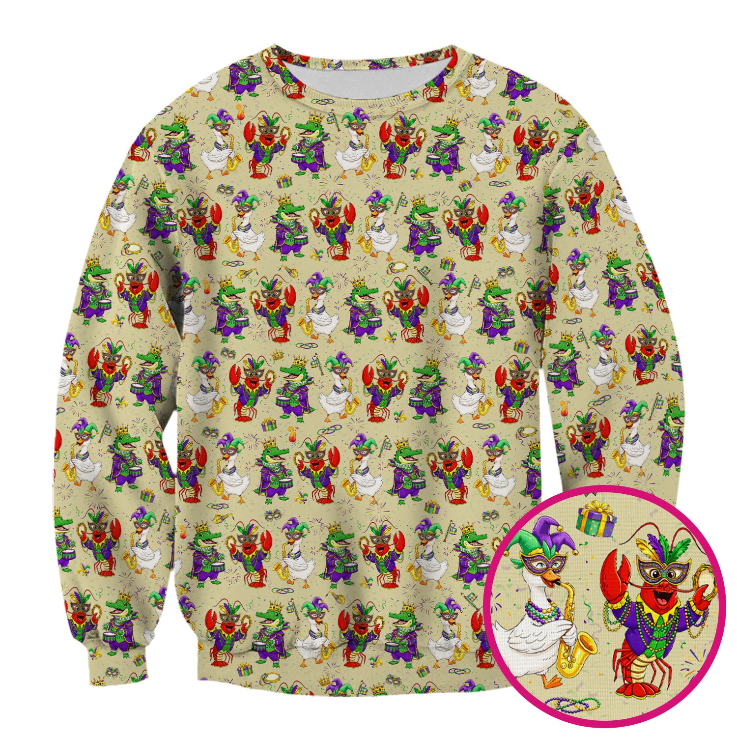 Crawfish And Duck Carnival Scrub Top, Mardi Gras Parade Pattern Nurse Shirt, Breathable Fabrics Nursing Uniform