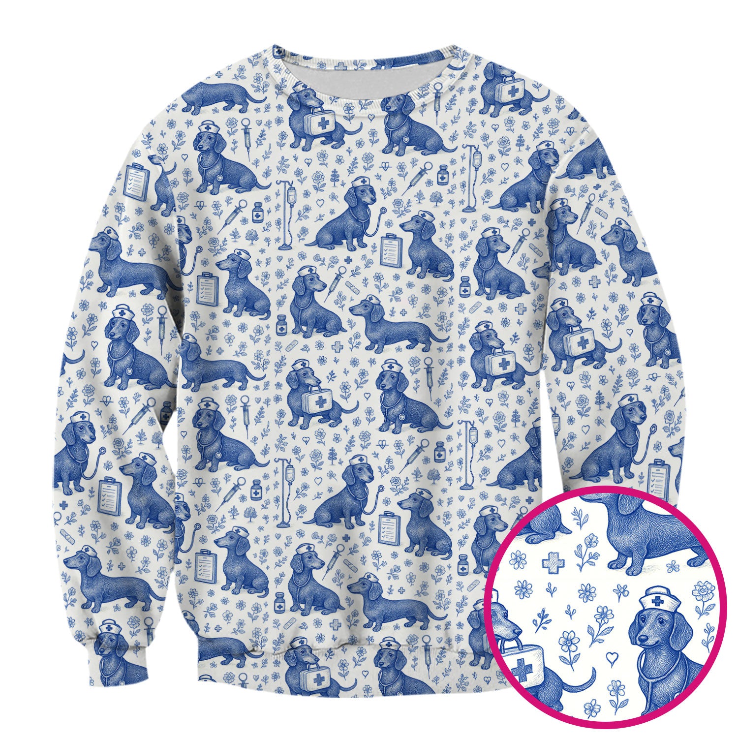 Dachshund Nurse Scrub Top - Cute Dog Pattern Scrubs for Women - Funny Medical Shirt with Vintage Line Art Design