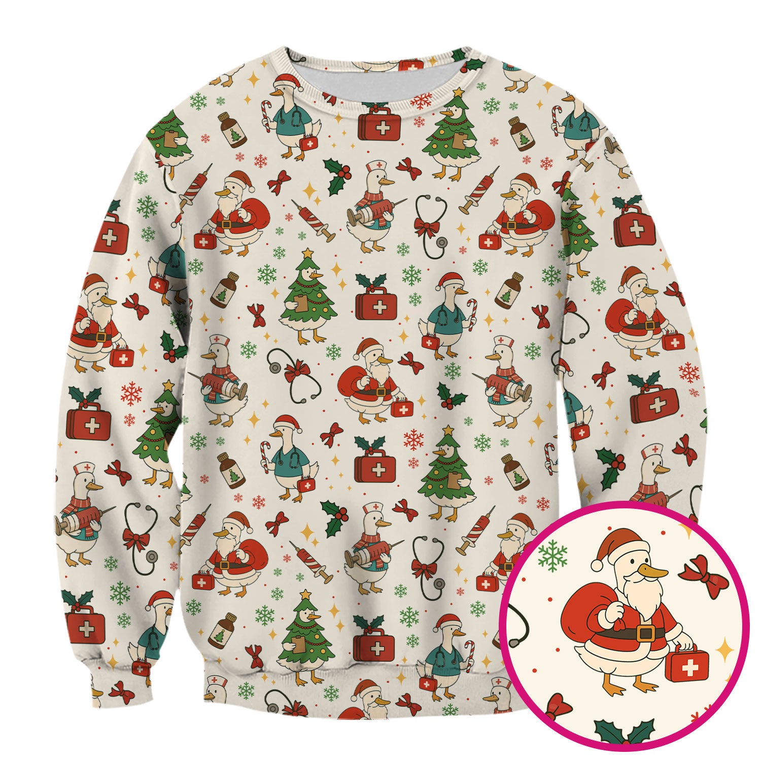 Funny Christmas Duck Nurse Scrub Top - Cute Santa Pattern Holiday Shirt for Women - Festive Nursing Outfit Gift for RN LPN CNA