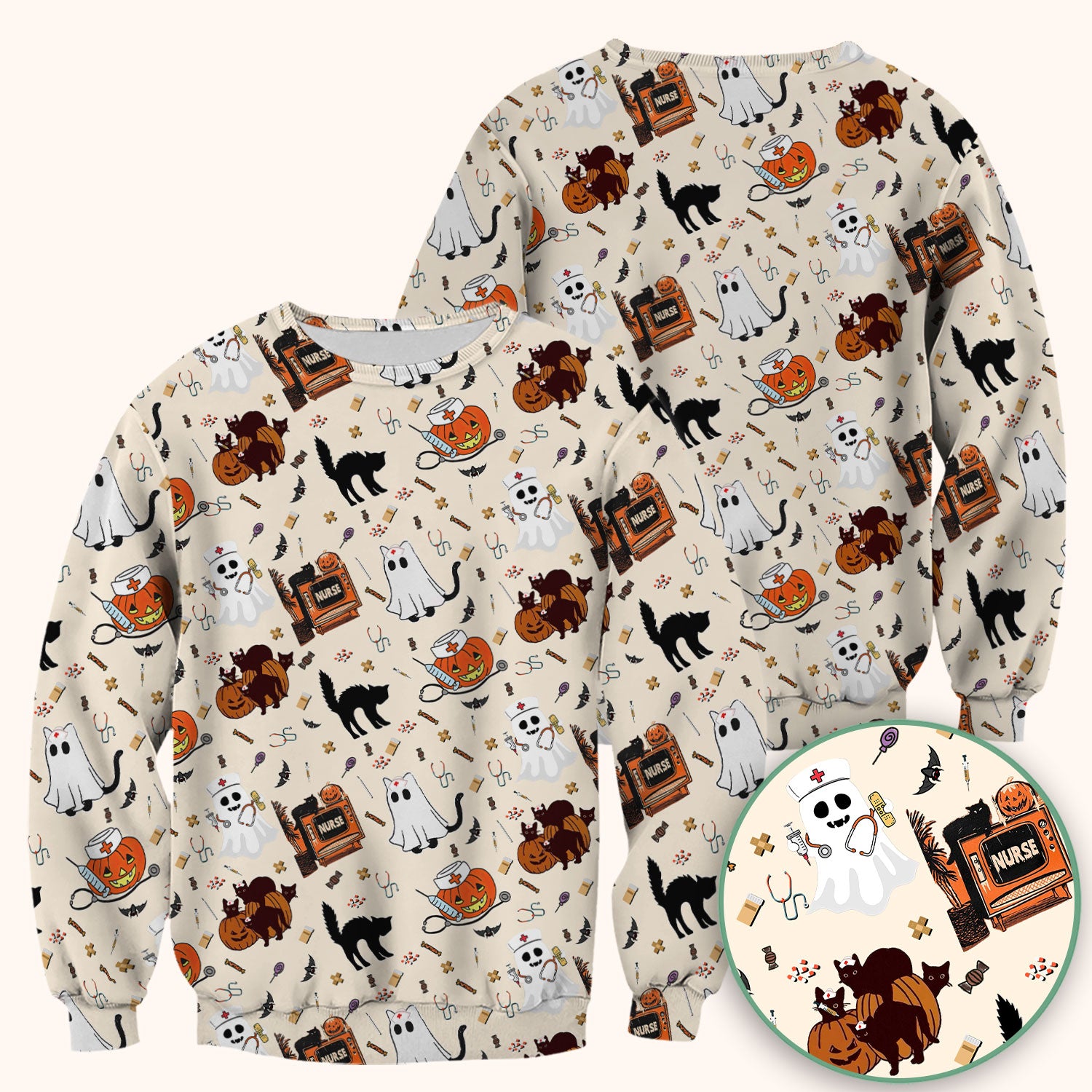 Halloween Scrub Top for Nurse - Cute Pumpkin Ghost Cat Medical Shirt - Spooky Scrubs for Women RN CNA LPN