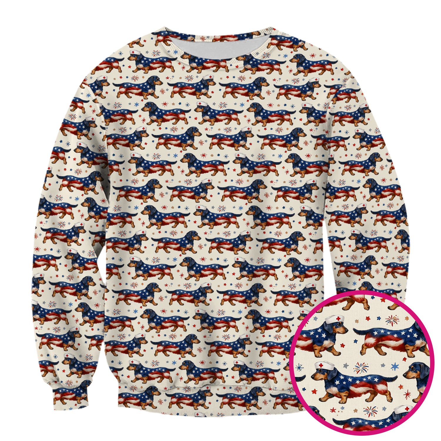 Patriotic Dachshund Dog American Flag Pattern Nurse Scrub Top, Breathable Fabrics Nursing Uniform