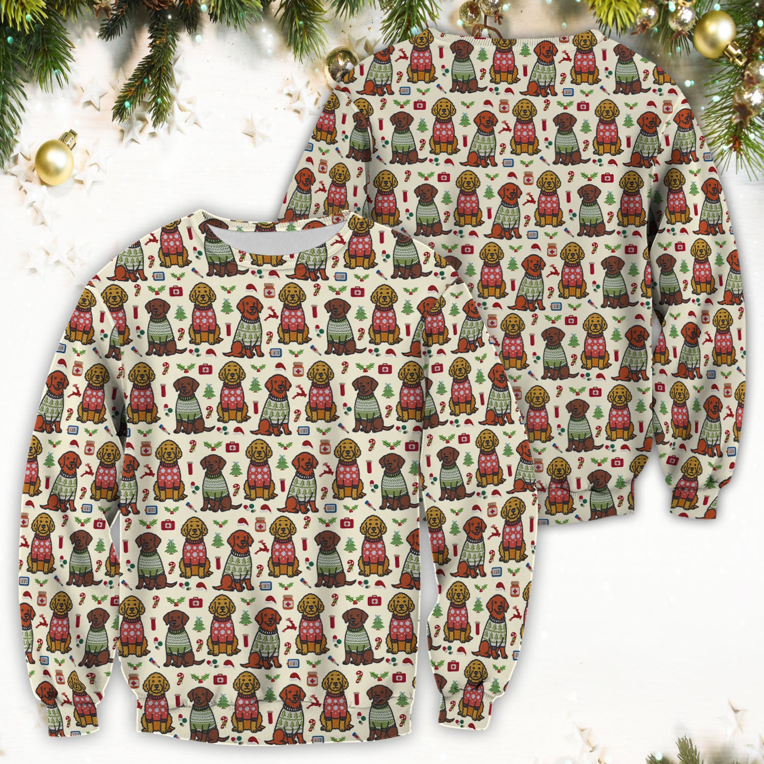 Golden Retriever Christmas Scrub Top, Cute Holiday Dog Nurse Pattern Shirt, Breathable Fabrics Nursing Uniform