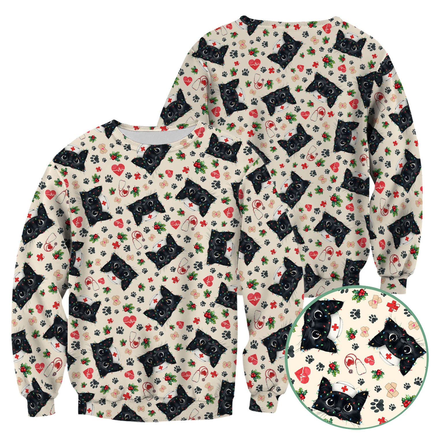 Black Cat Scrub Top for Nurse - Cute Kittens Christmas Medical Uniform - Funny Holiday Gift for Women